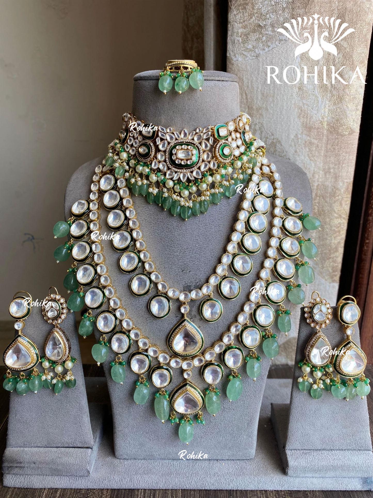 Swar polki kundan bridal combo set - Mint green