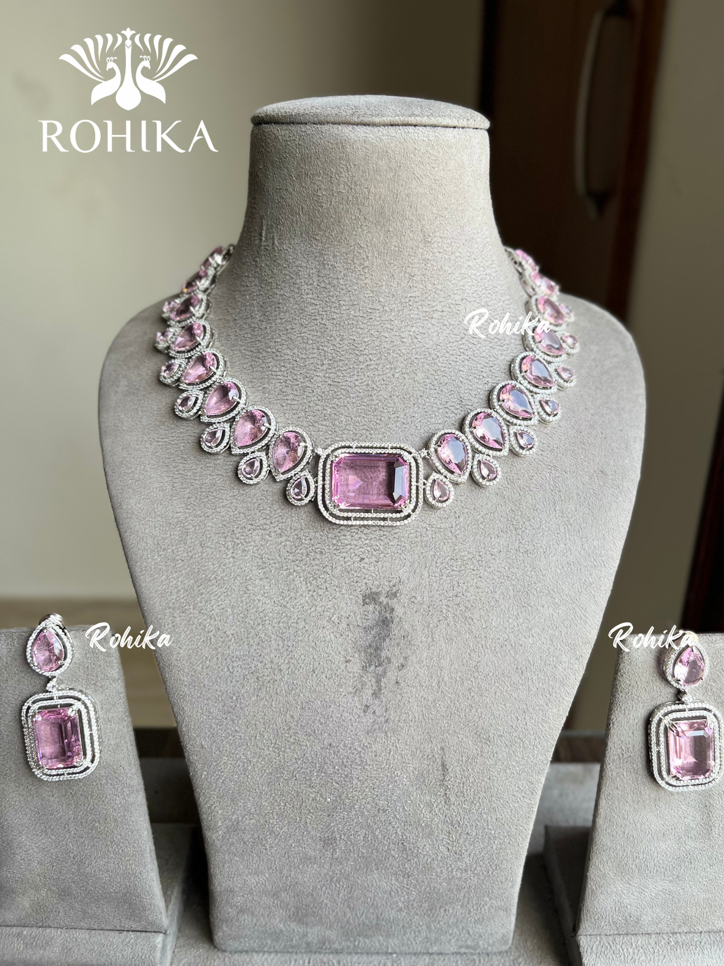 Hoor American diamond necklace set - Pink