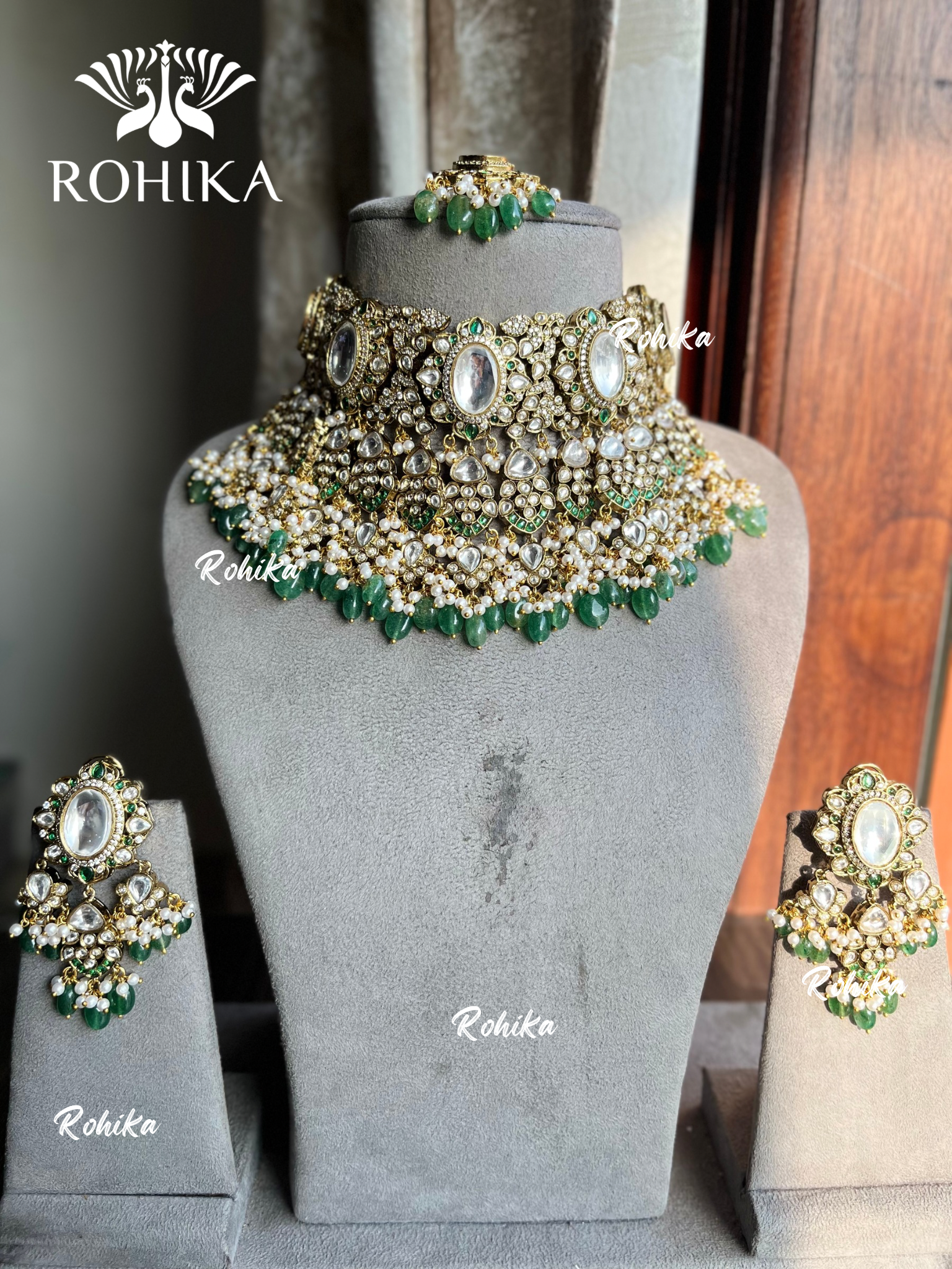 Anaika polki kundan bridal necklace set - Dark Green