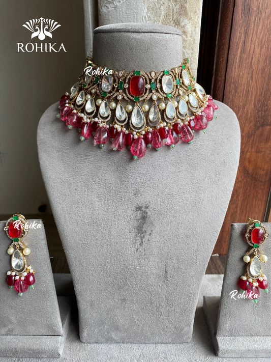 Sara polki kundan choker set - Red