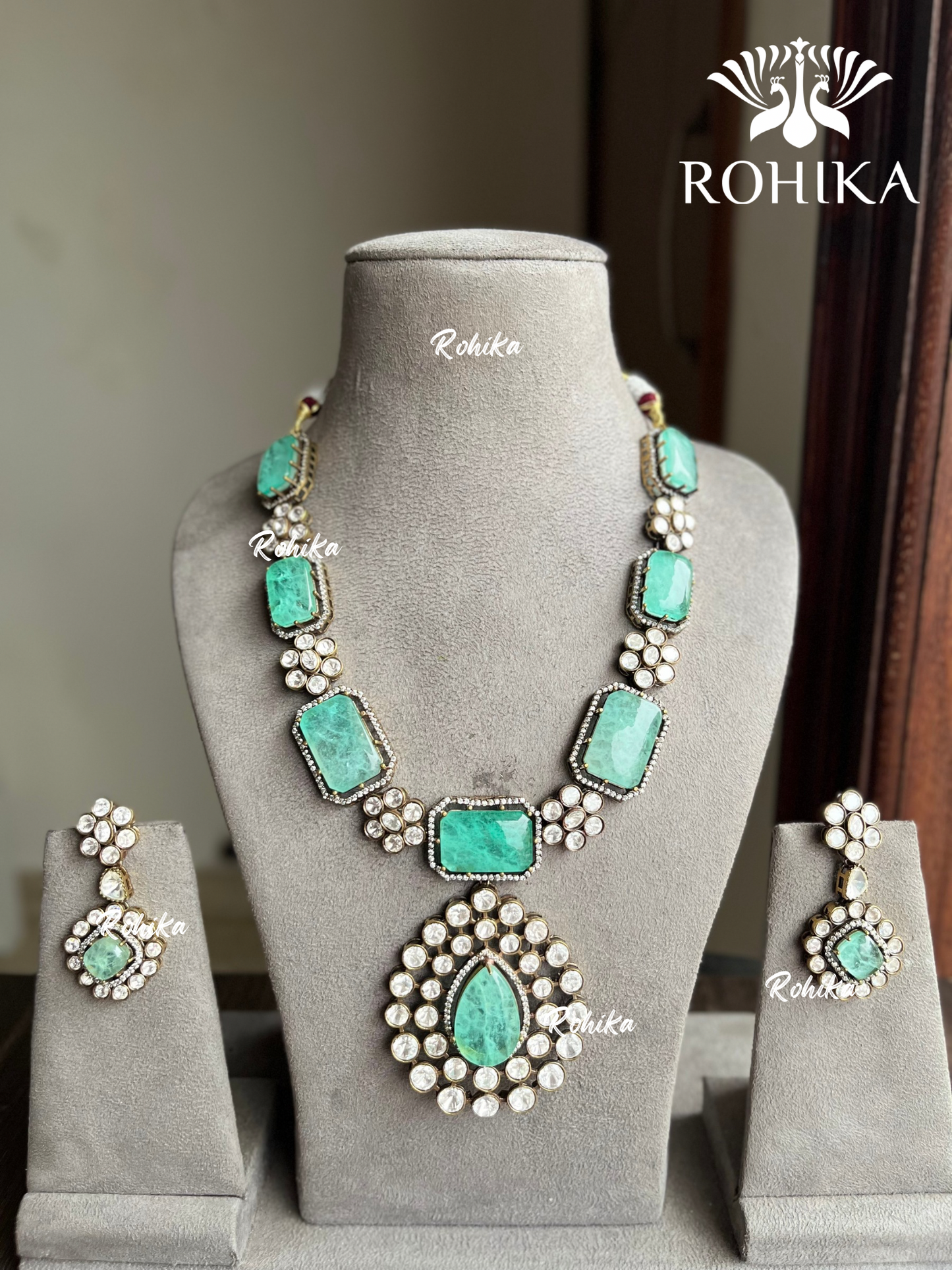 Samay polki kundan necklace set - Mint Green