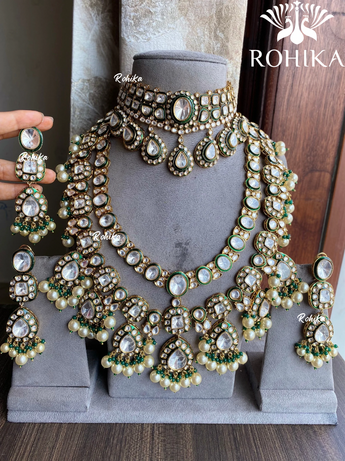 Jal bikaneri polki kundan bridal combo set - Dark Green