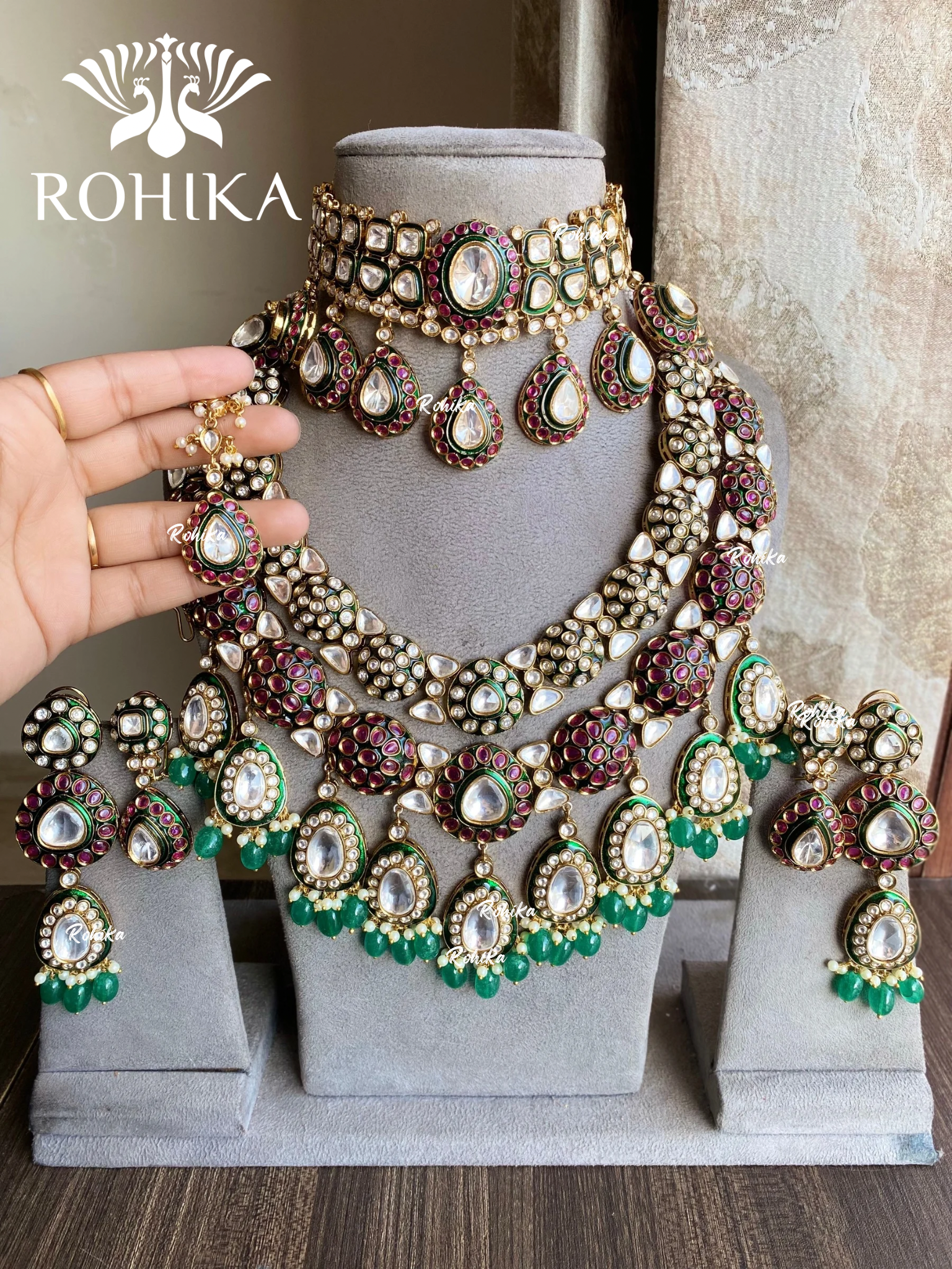 Vajasi bikaneri polki kundan bridal combo set - Dark Green & pink