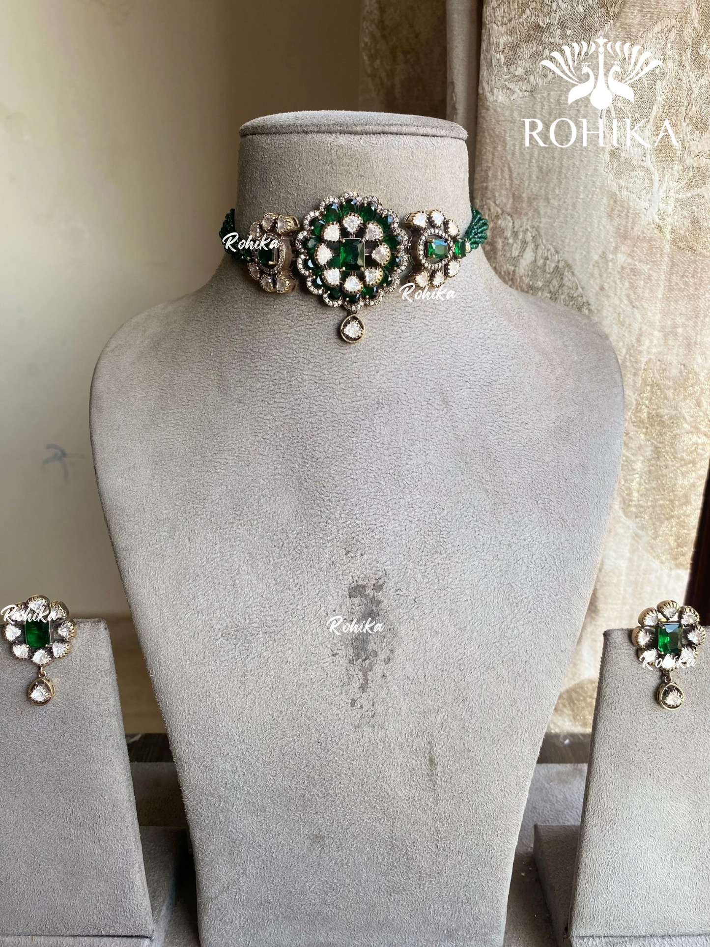 Laghu Polki kundan Choker set - Dark Green