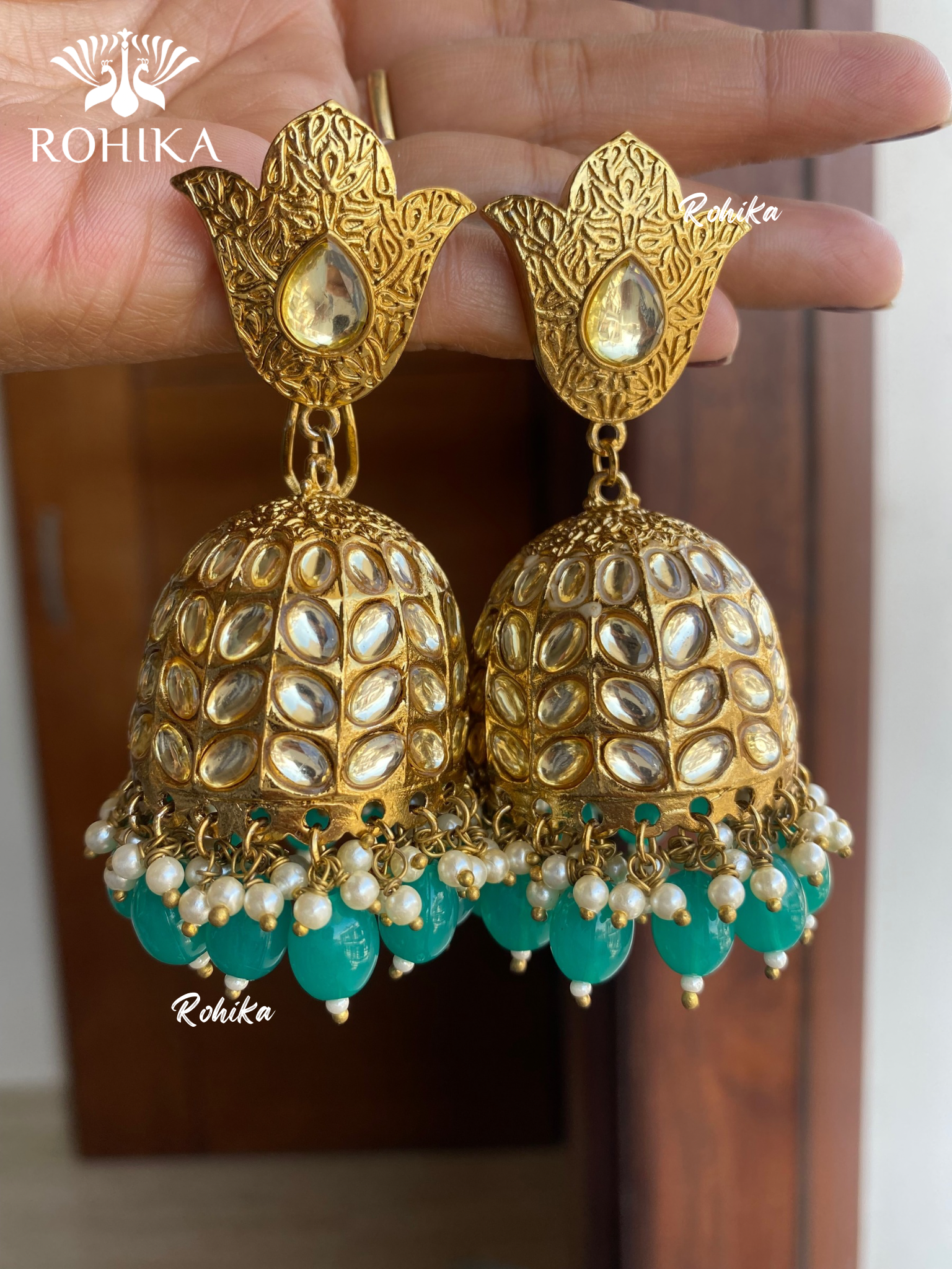 Siya kundan jhumkas- Dark green