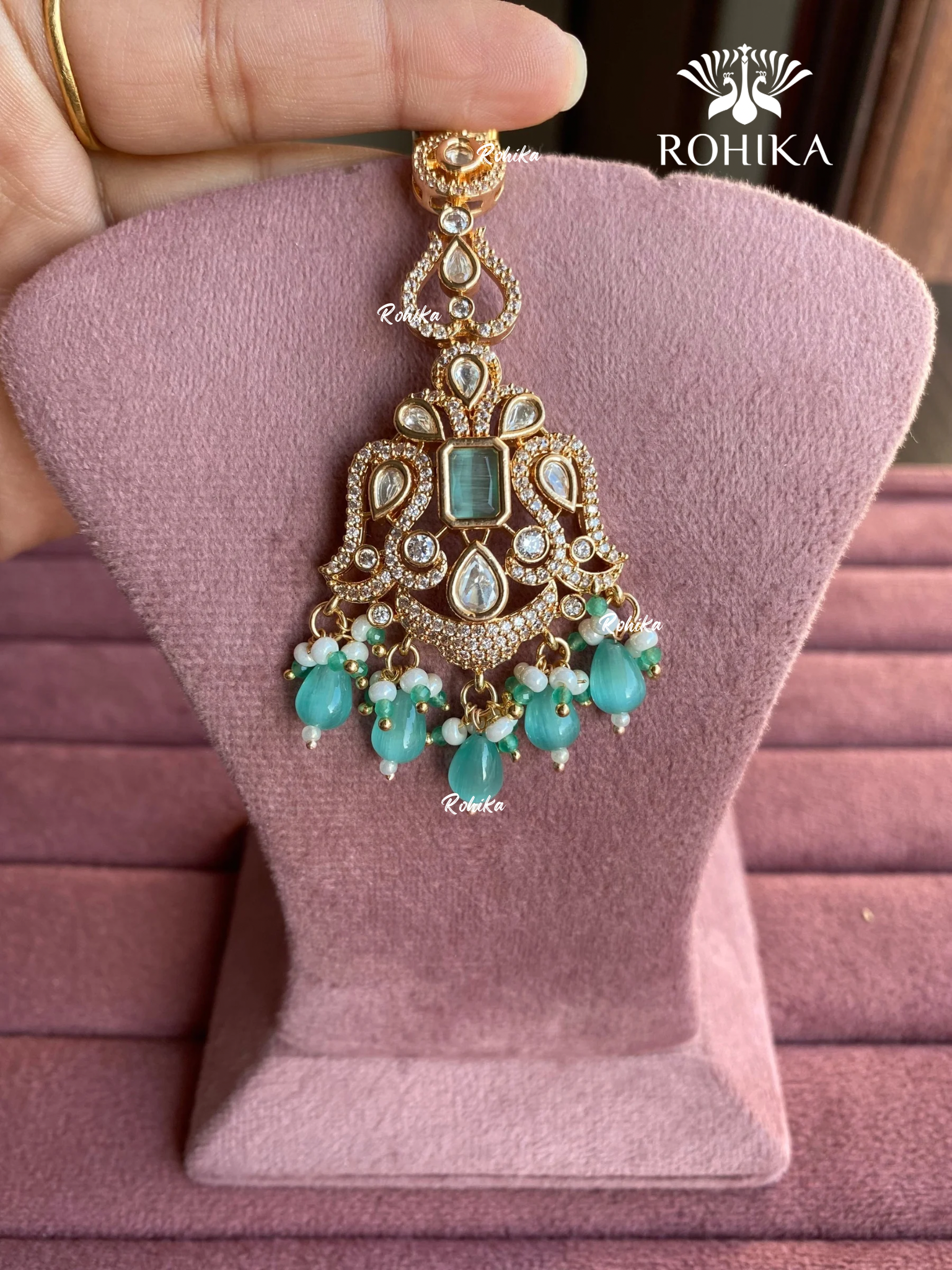 Polki kundan maangtikka (PLKM-048) - Mint green