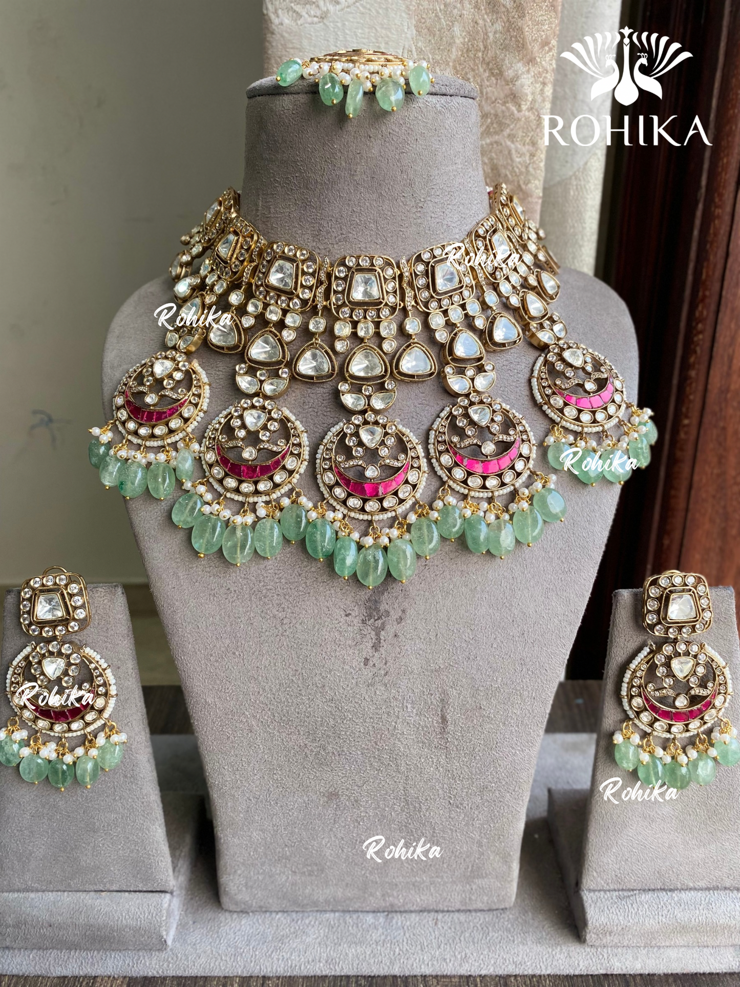 Sugandhit moisanite necklace set - Mint green and Pink