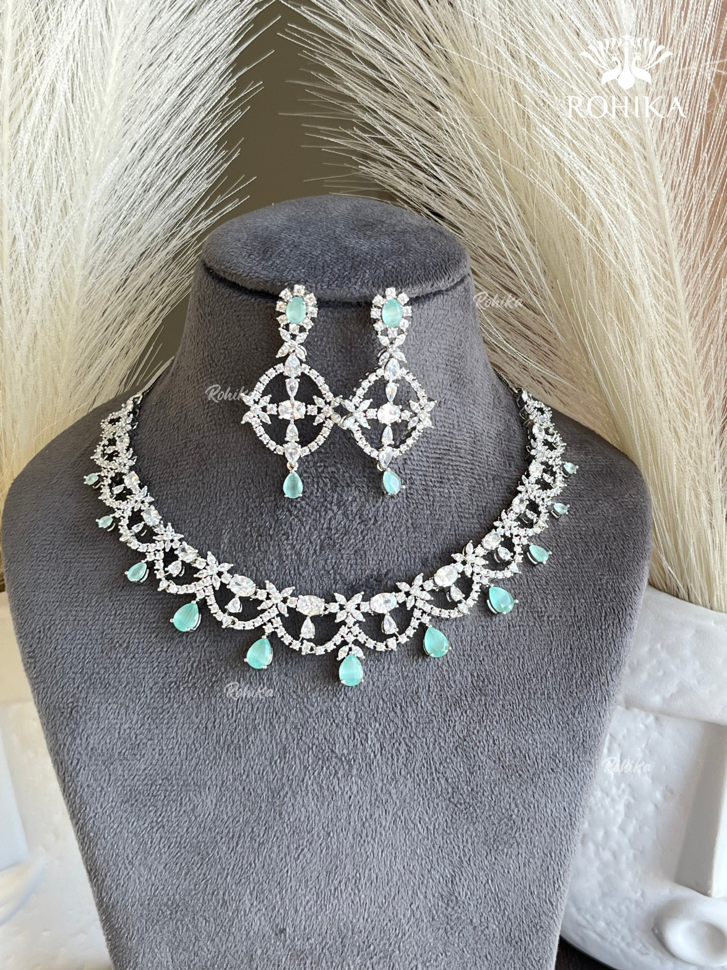 Hinaya American diamond necklace set - Mint green