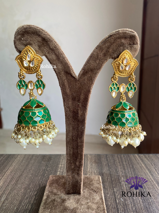 Blossom meenakari jhumka - Dark Green