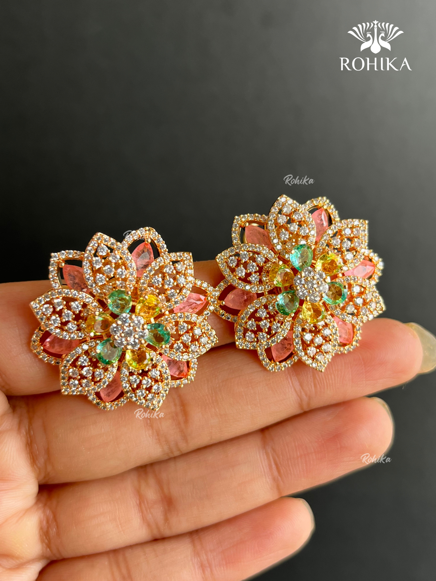 Janaki American Diamond  CZ Stud Earrings - Peach