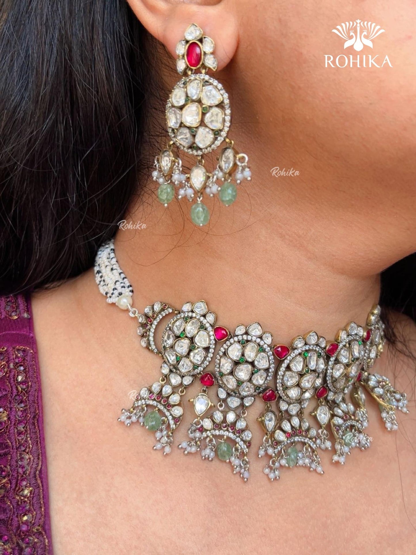 Yamini Moisanite Choker Necklace Set - Ruby & Mint Green
