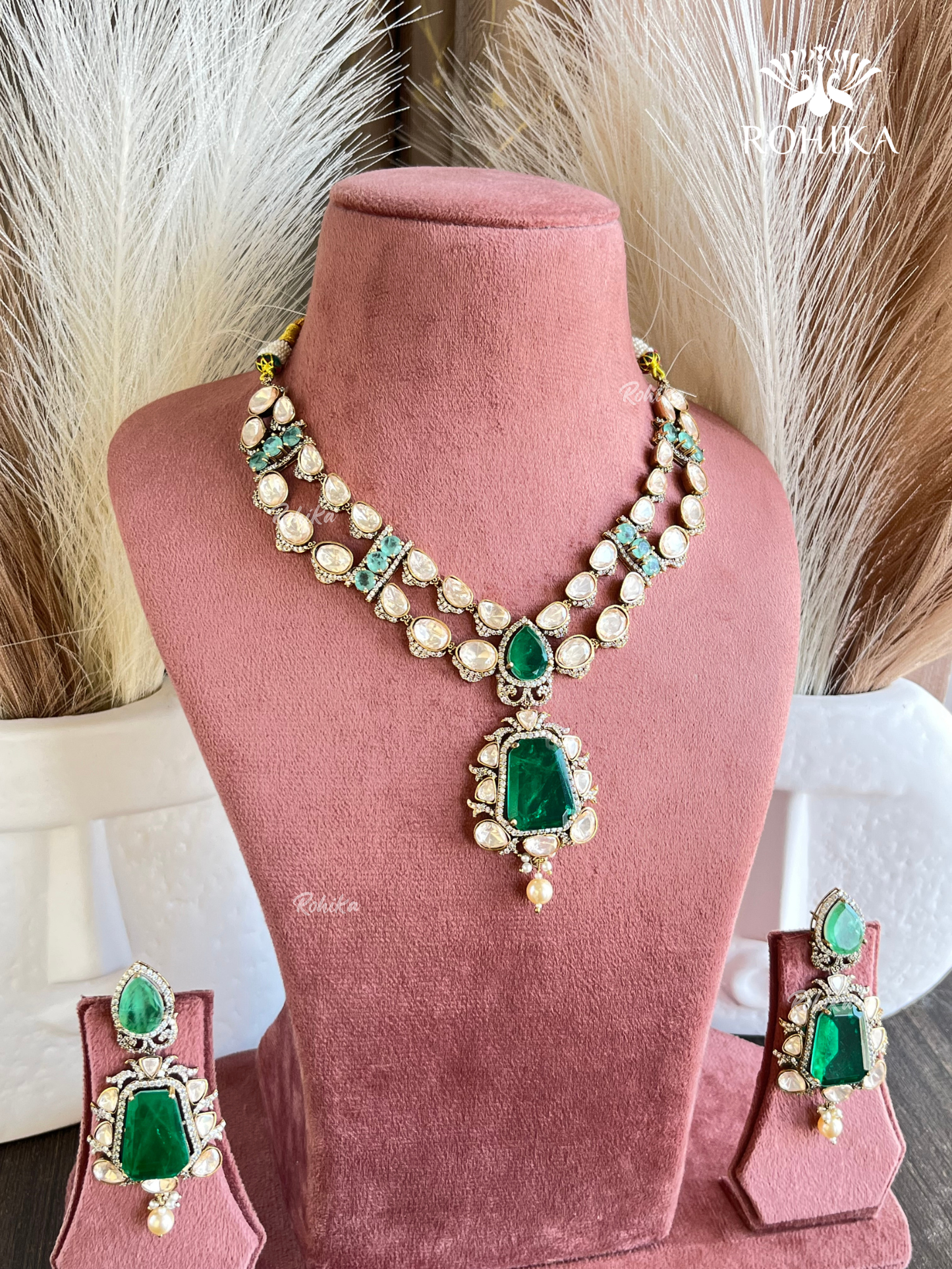 Varnika moisanite necklace set -Dark Green