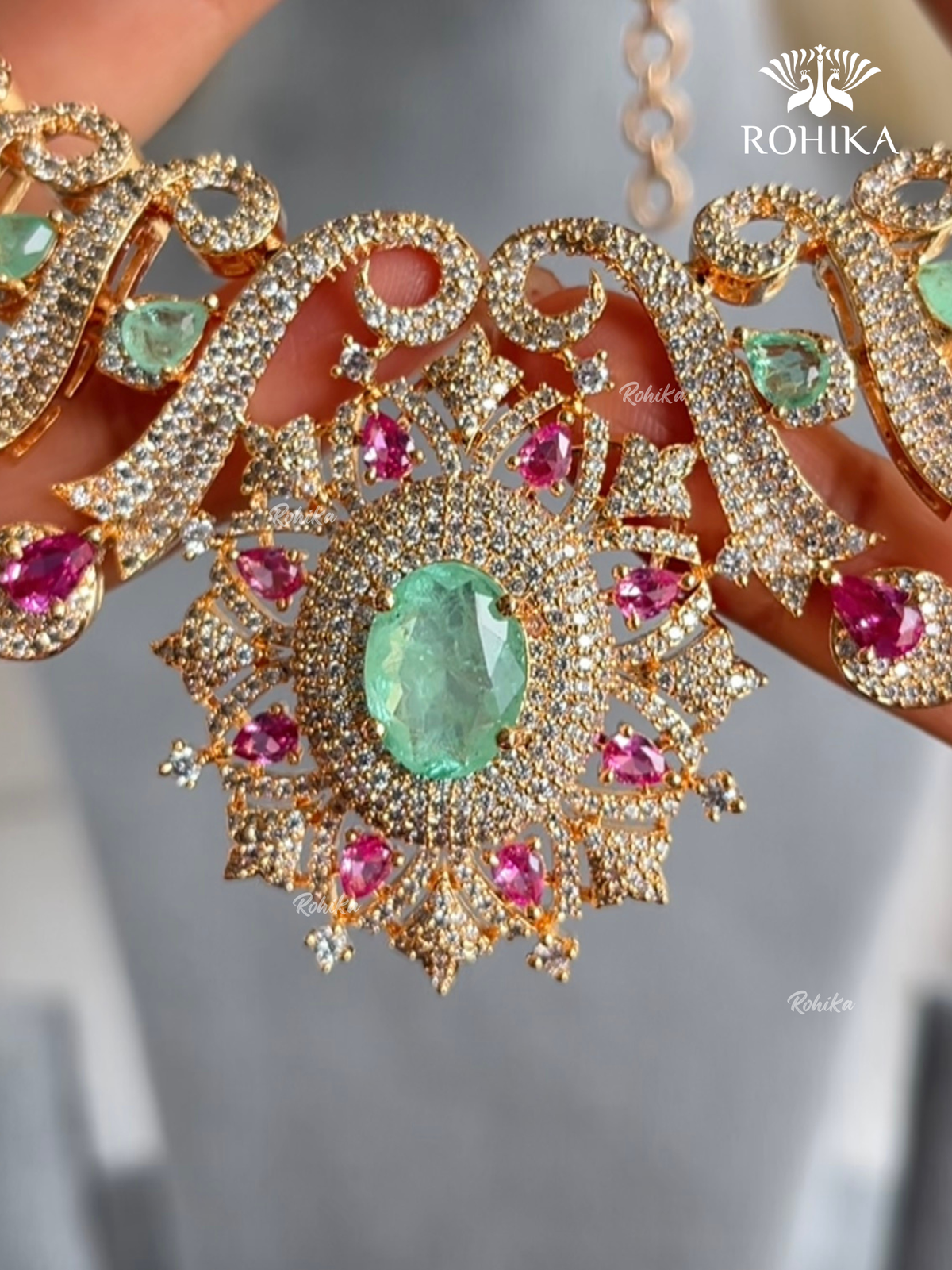 Sarisha AD doublet necklace set - Pink & Mint Green
