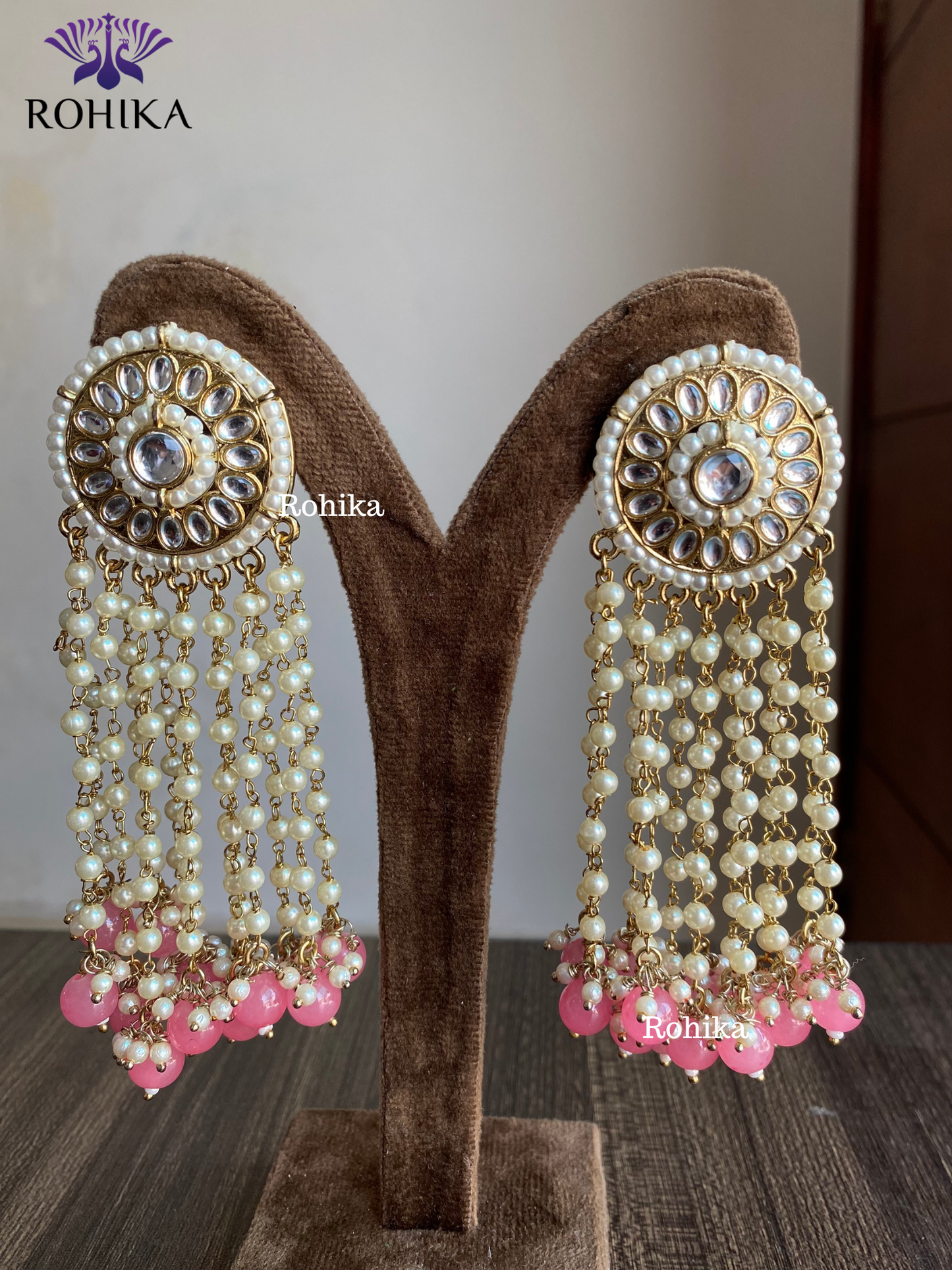 Pearl kundan earrings - Light Pink