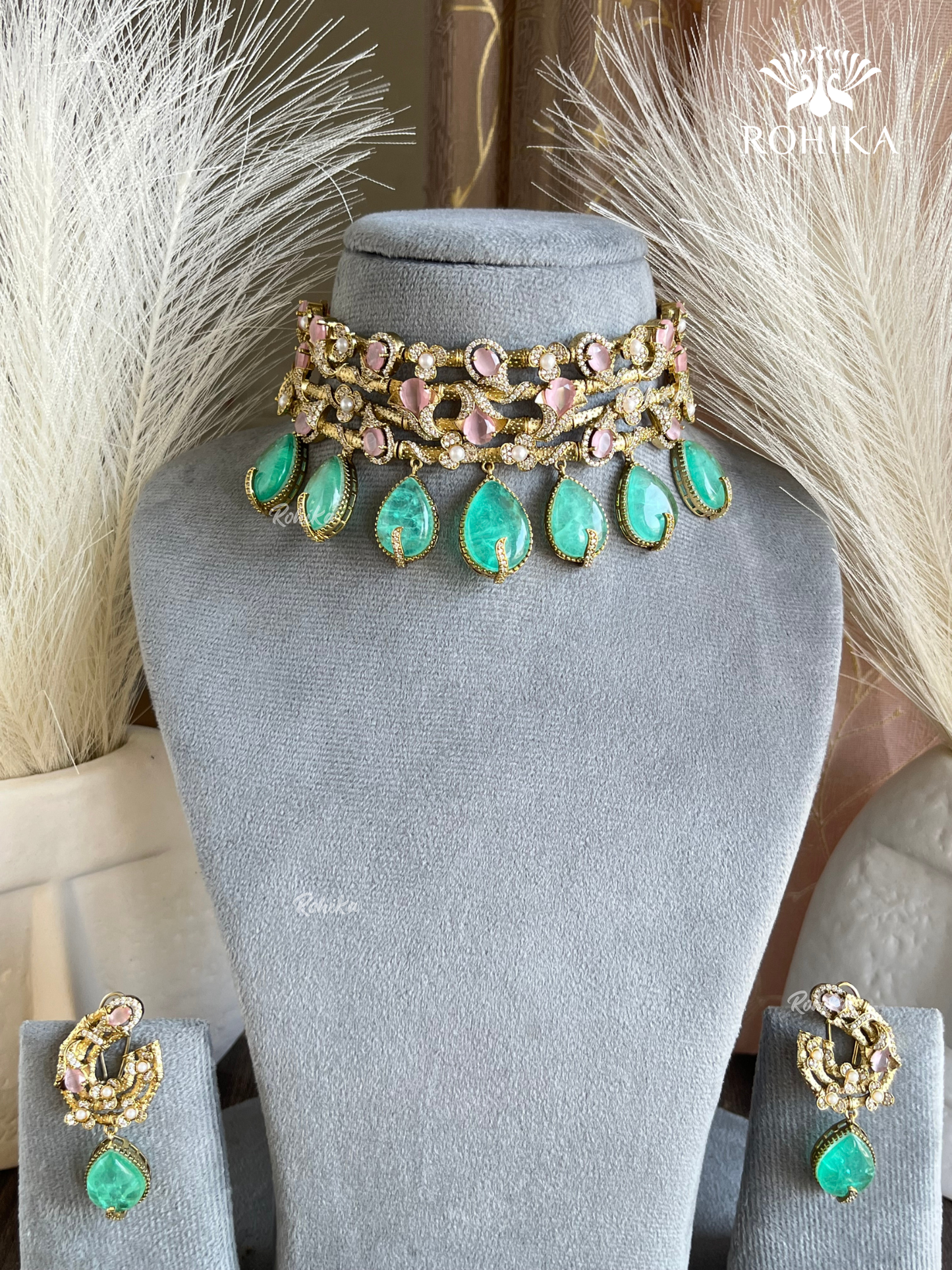 Floral choker set - Pink & mint green