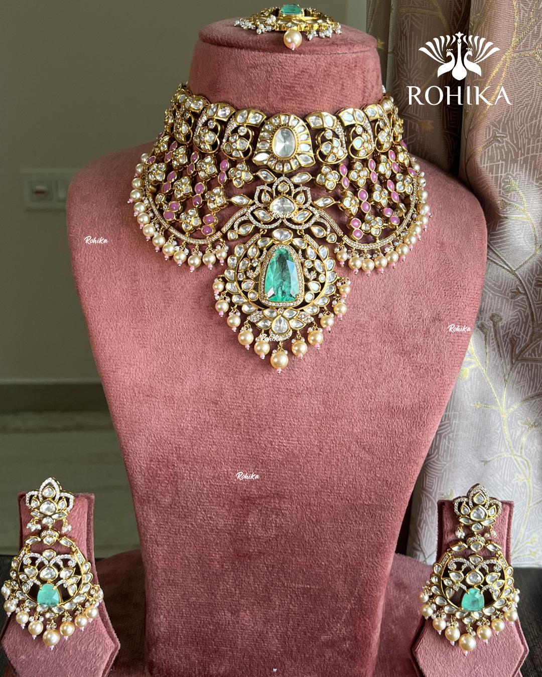 Vamika moisanite Bridal choker set - Mint & Pink