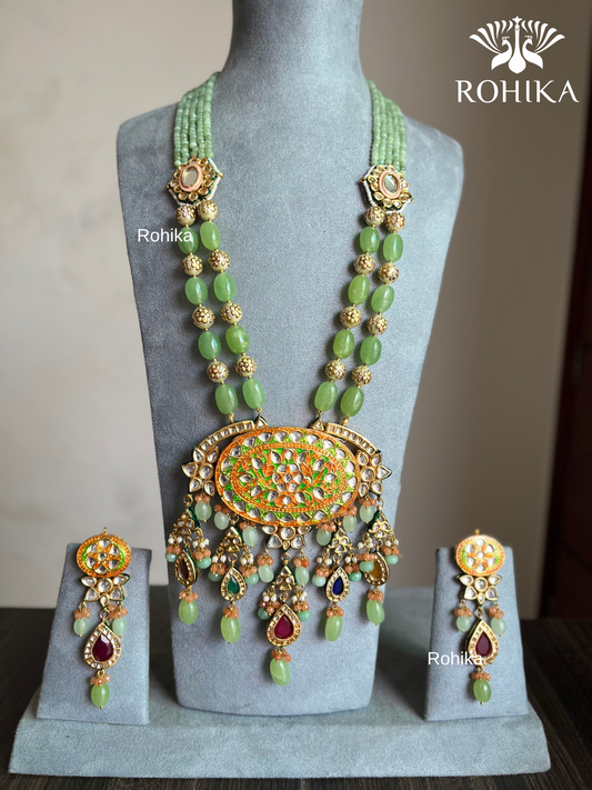 Raagini meenakari kundan long necklace - Sea Green