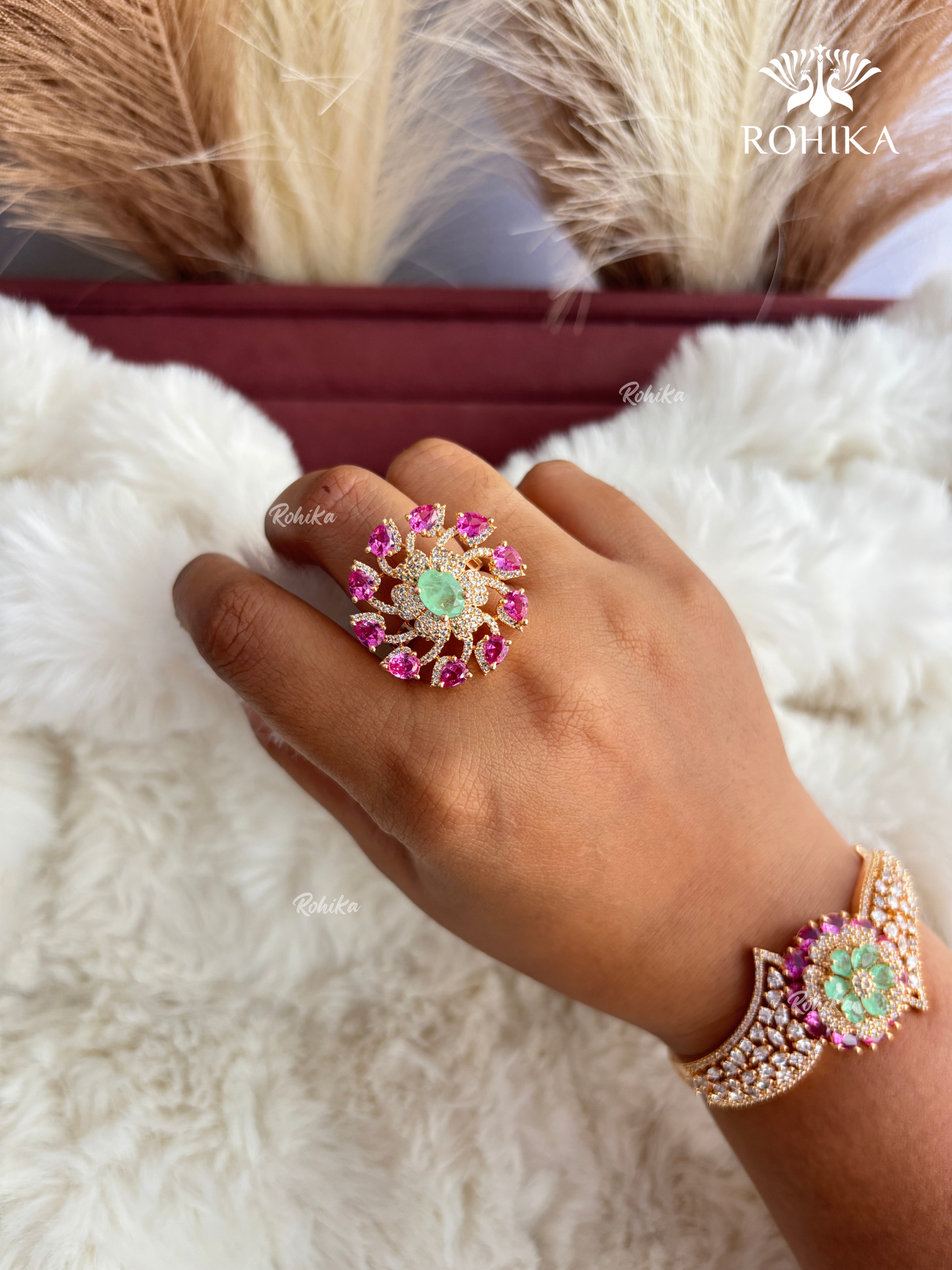 Alana American Diamond Ring (SG-165) - Pink and Mint