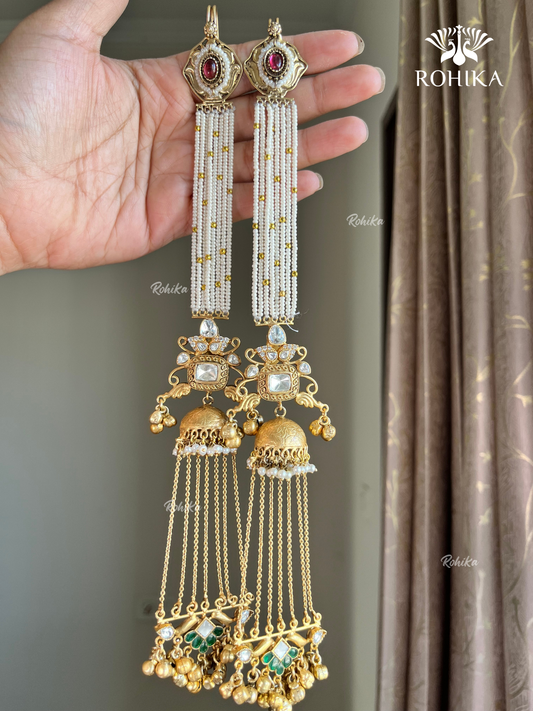 Piya polki kundan jhumka earrings with earchains(EE-006)- Green