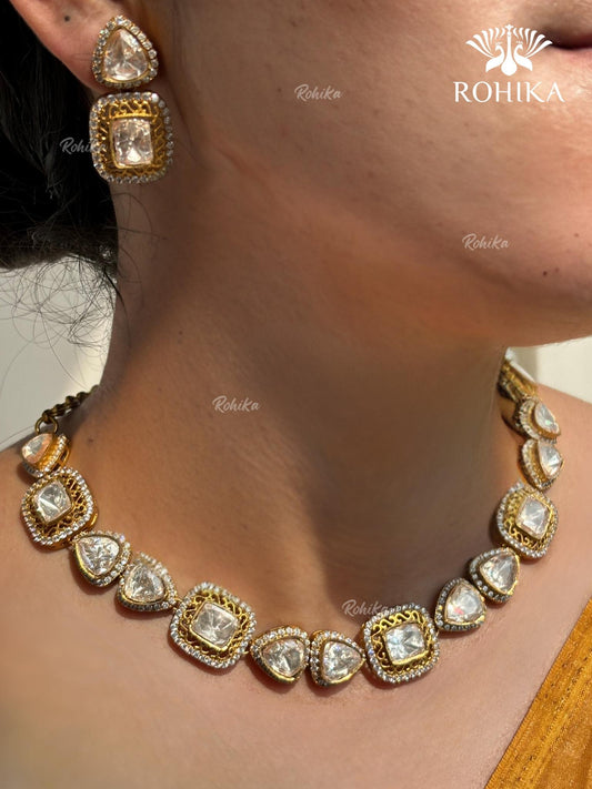 Shwet Moissanite Polki Kundan Necklace Set - Golden