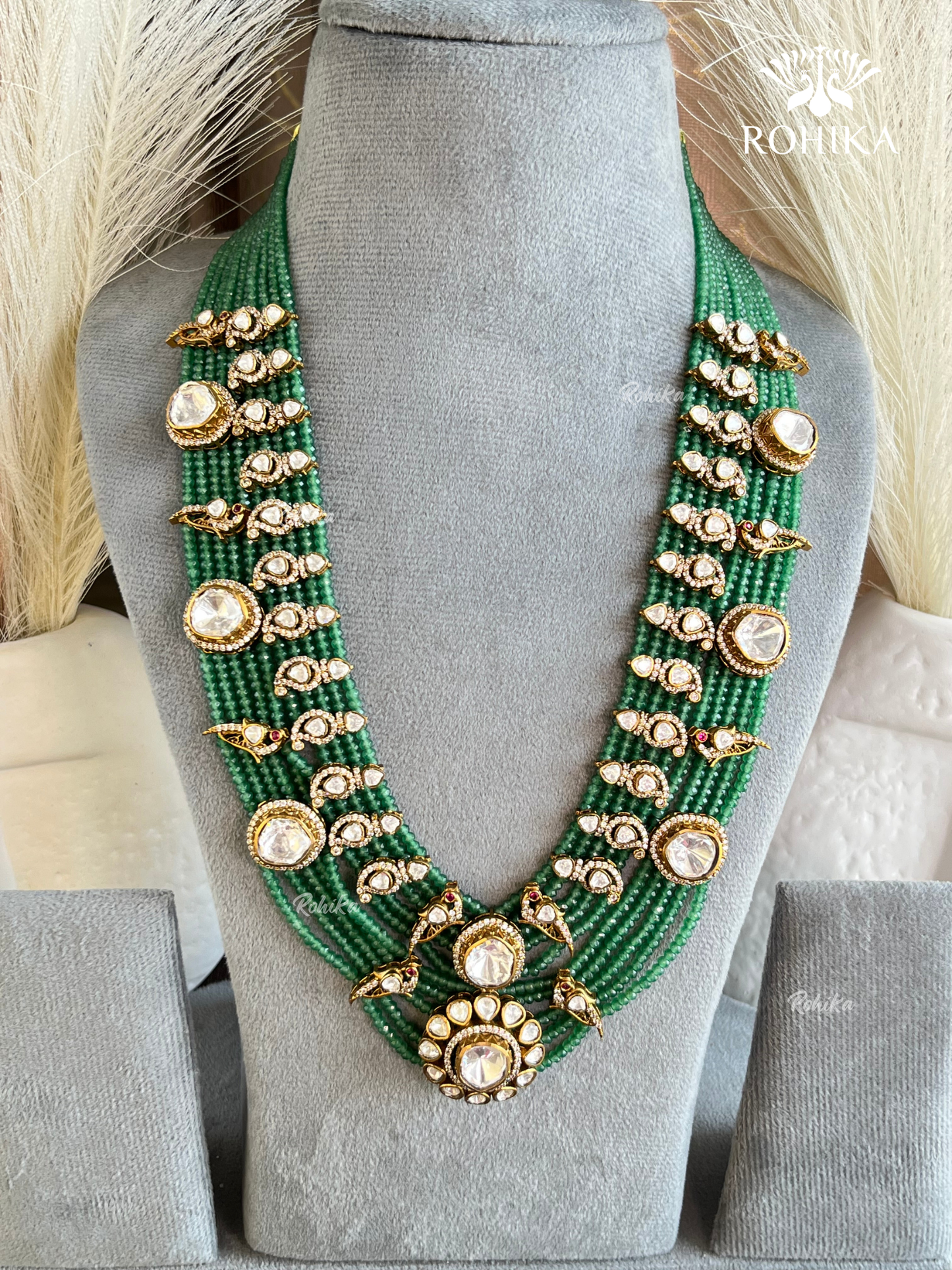 Hiral Polki kundan long necklace set - Mint Green