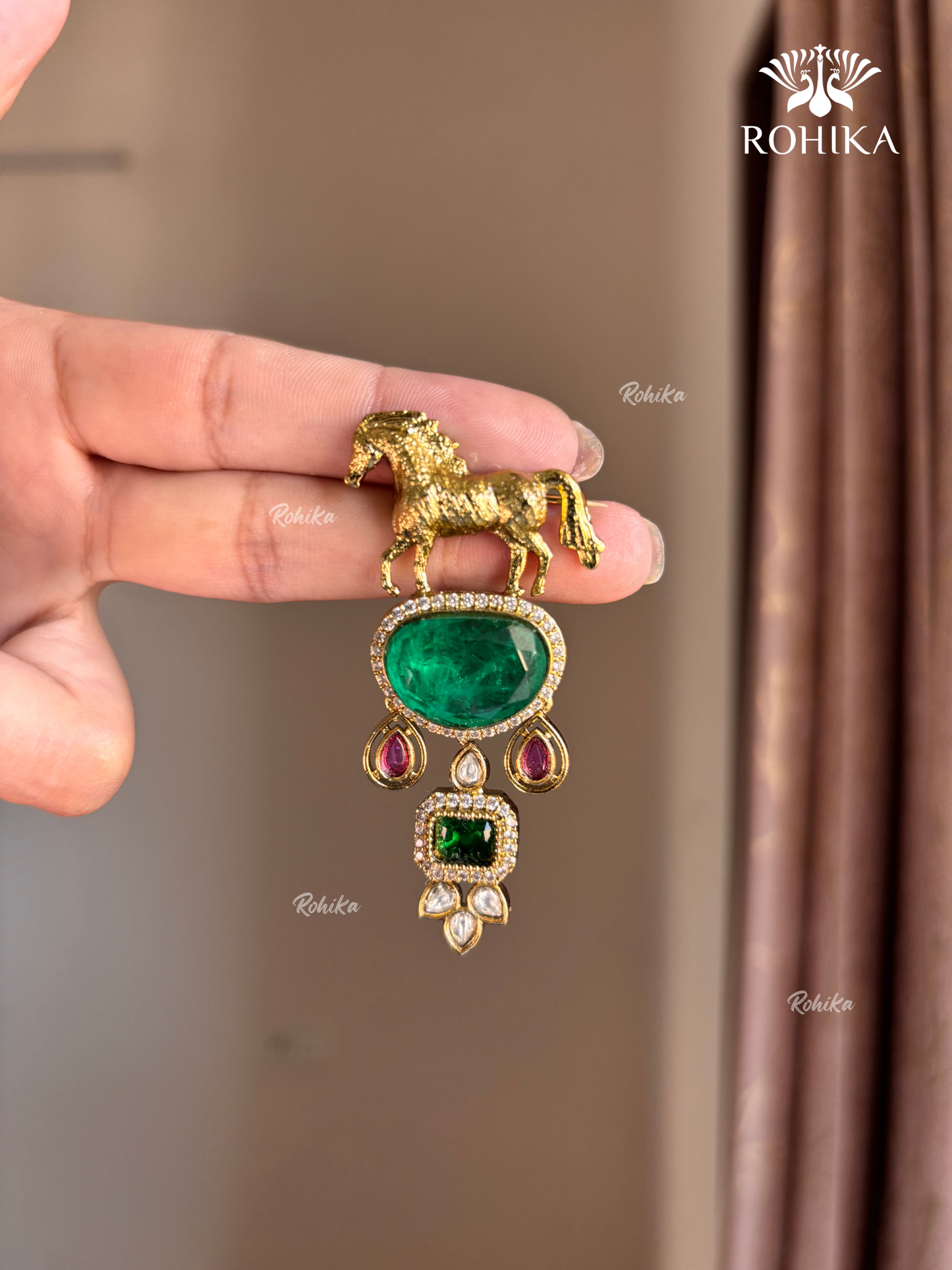 Polki Kundan Brooch (BR-019) - Green and ruby red