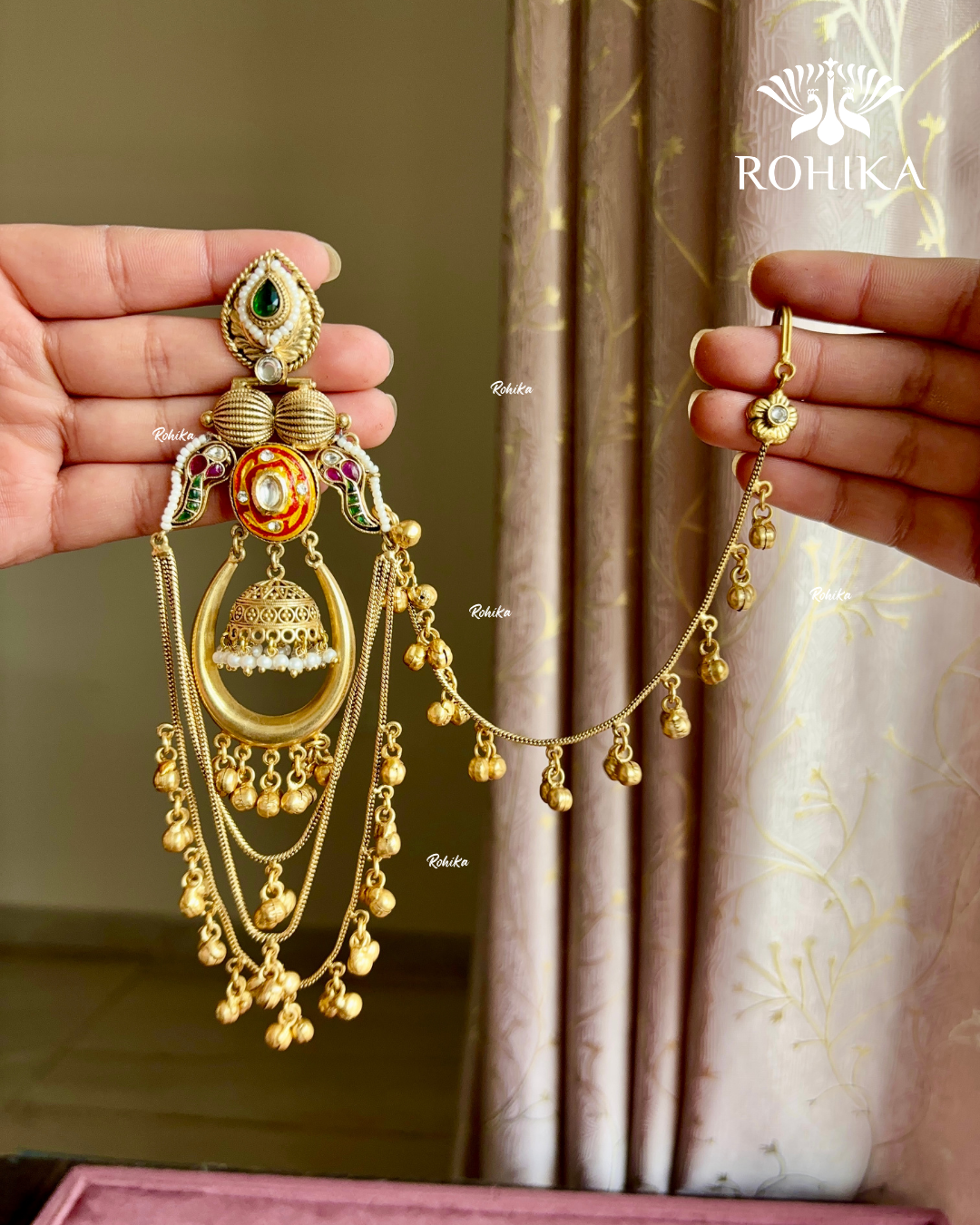 Piya polki kundan earrings with earchains(EE-002)- Red