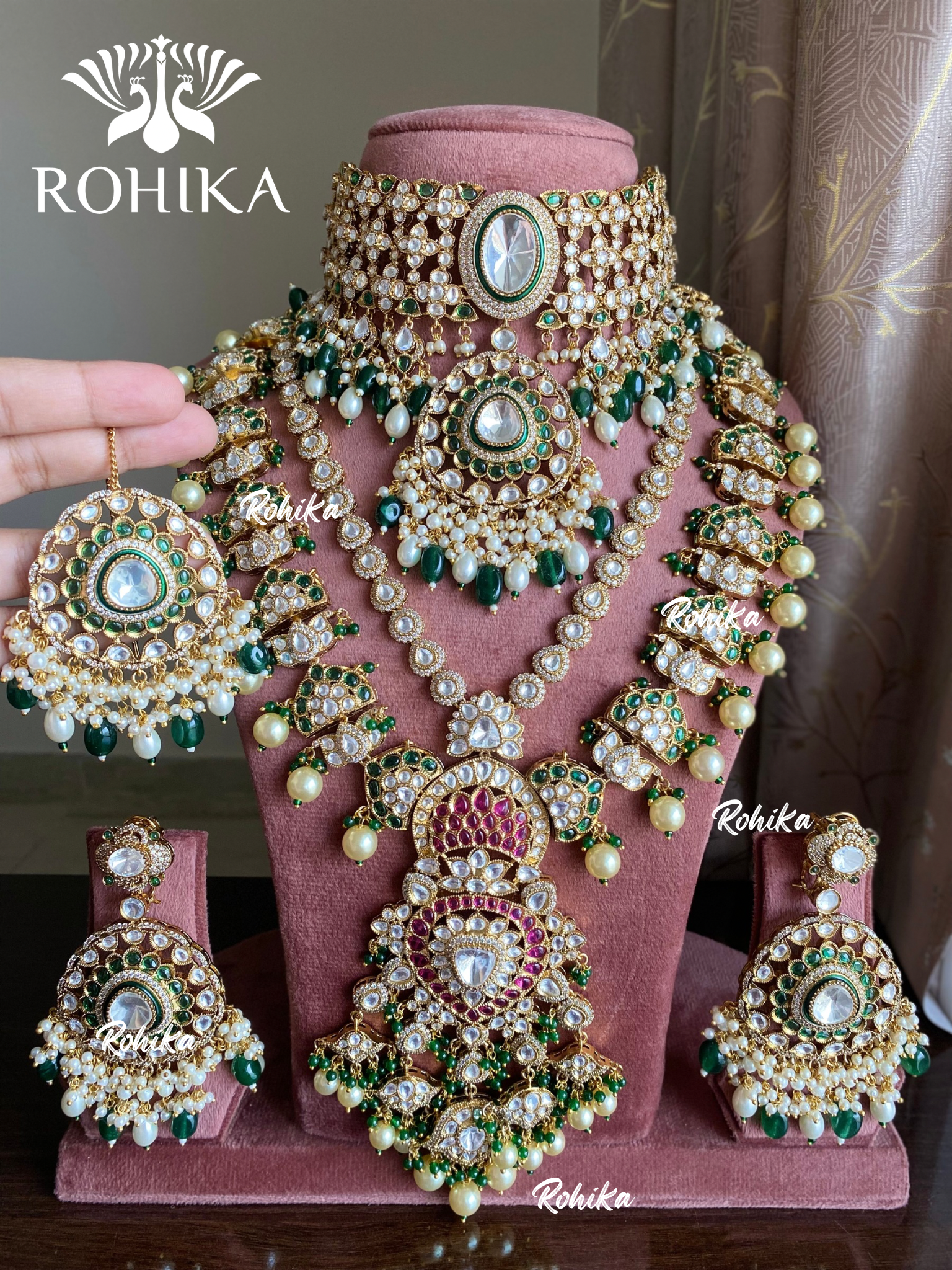 Krati bikaneri kundan necklace combo set - Dark green