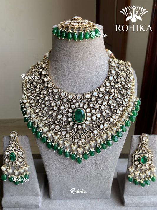 Avani moisinite doublet bridal necklace set - Dark Green 