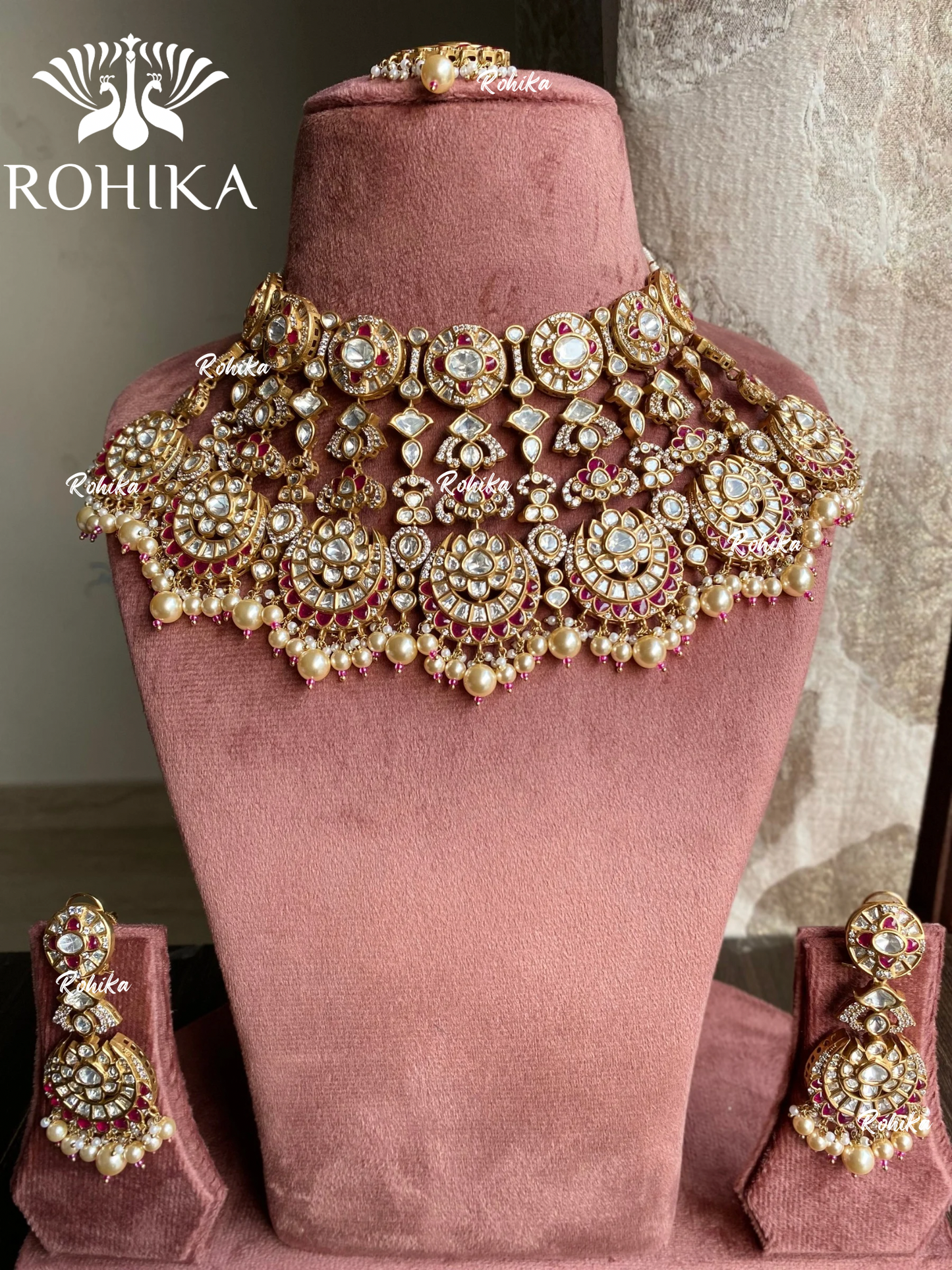 Karunya moisanite bridal necklace set - Ruby red