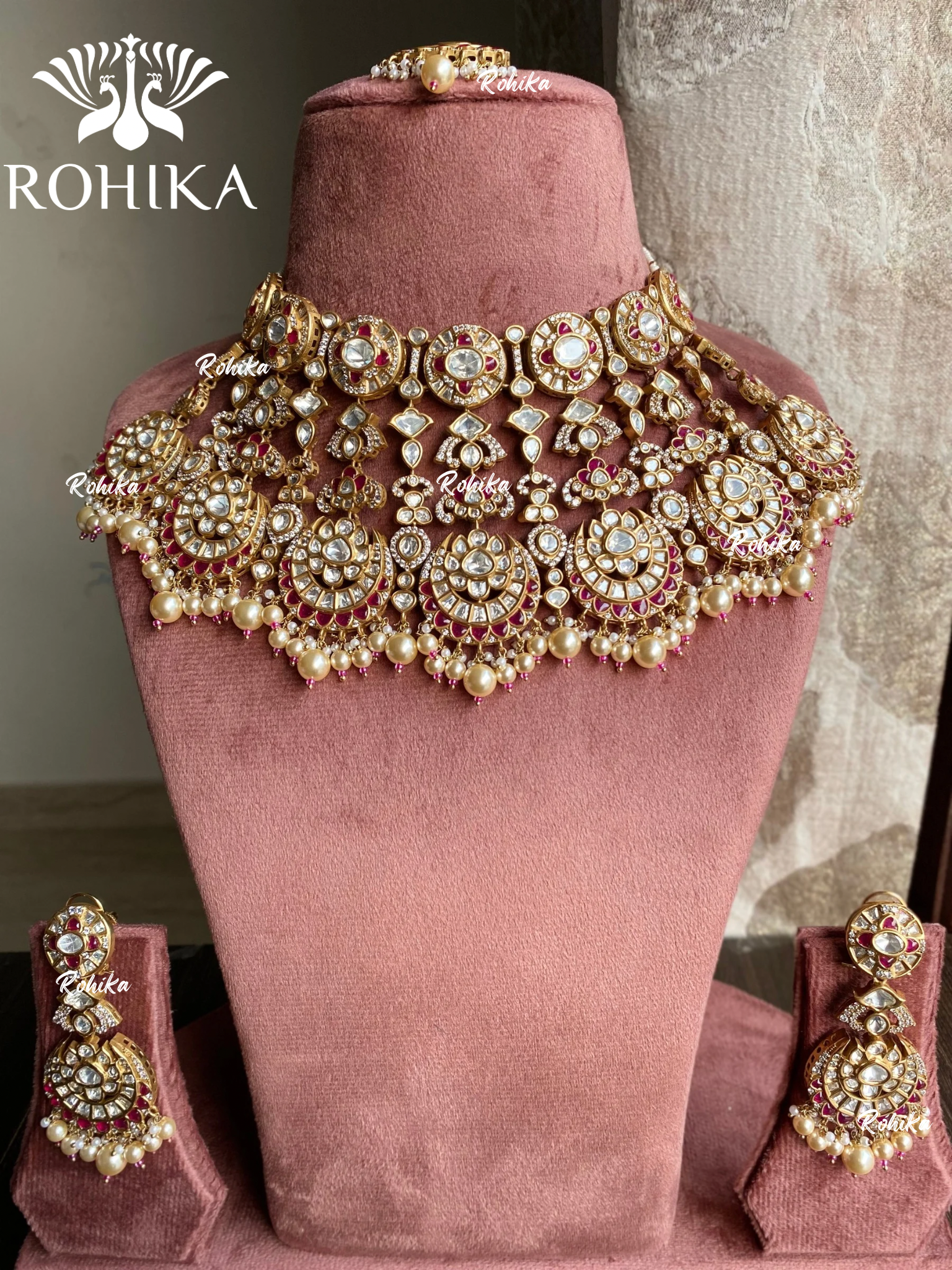 Karunya moisanite bridal necklace set - Ruby red