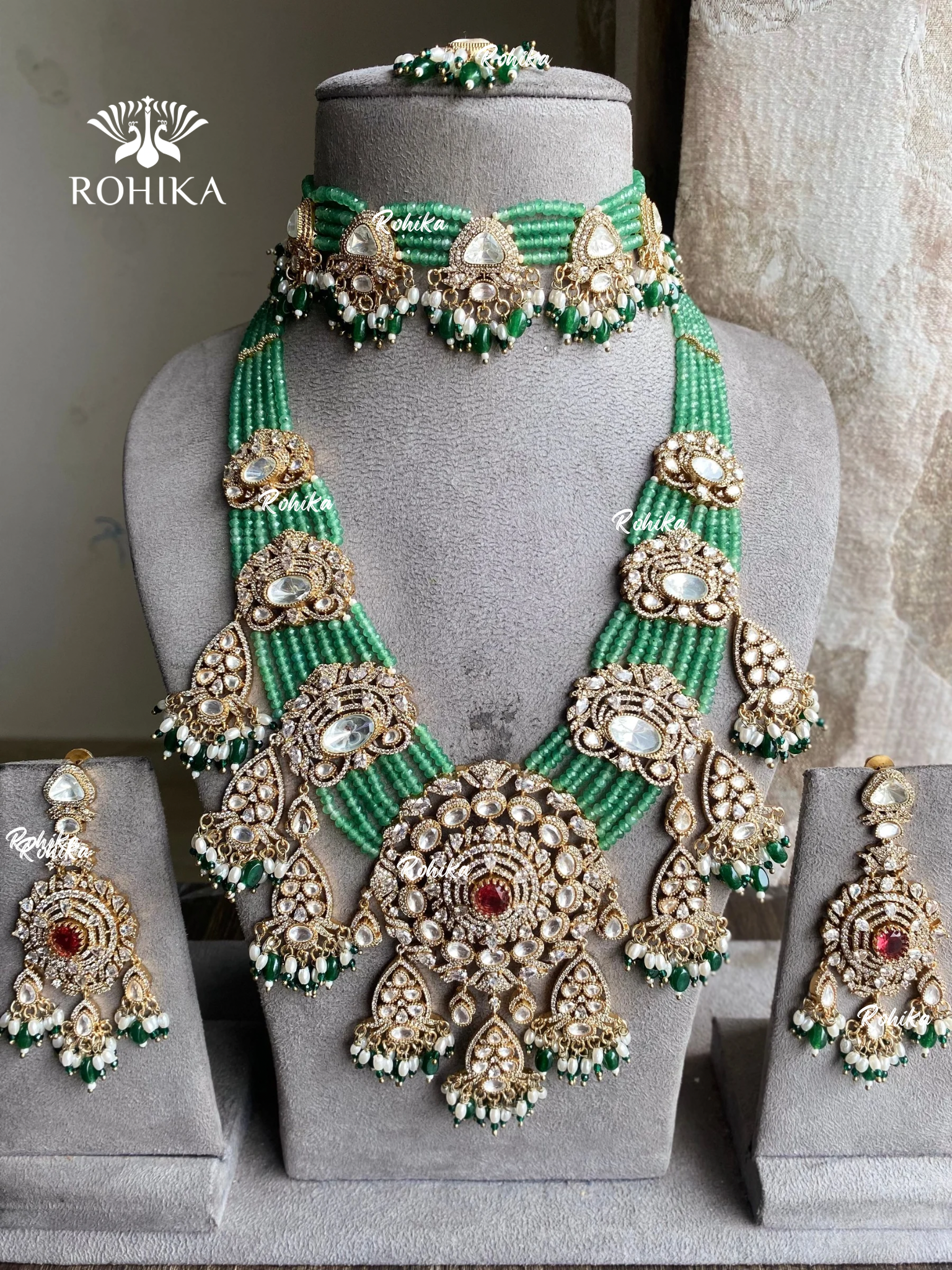 Baela polki kundan bridal combo set - Mint green