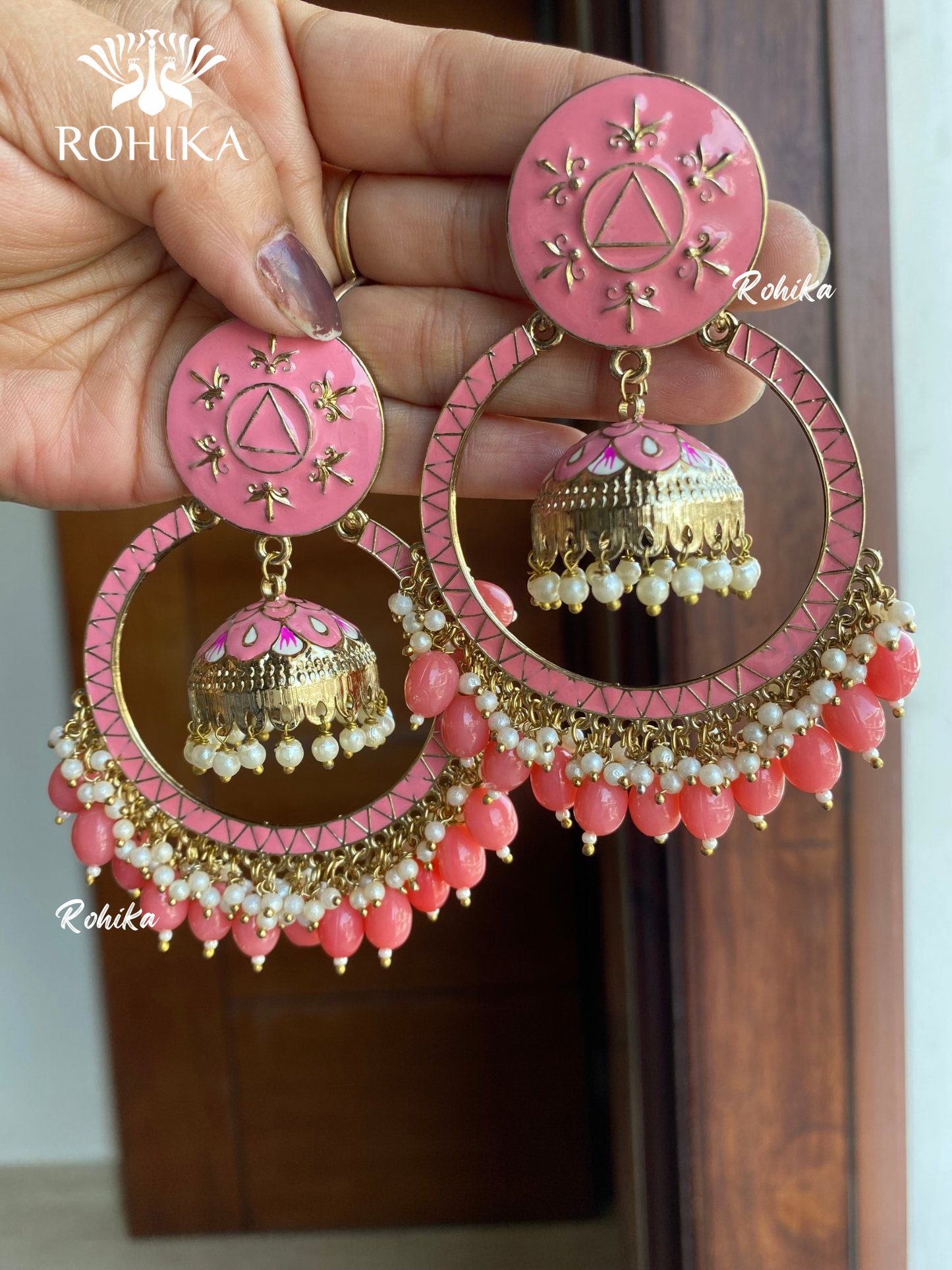 Sonal meenakari chandbali earrings- Pink