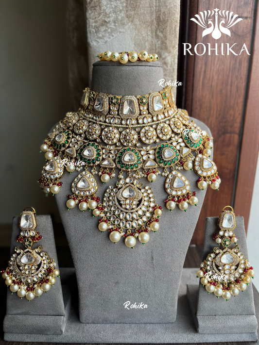 Vamsi polki kundan bridal necklace set - Dark Green