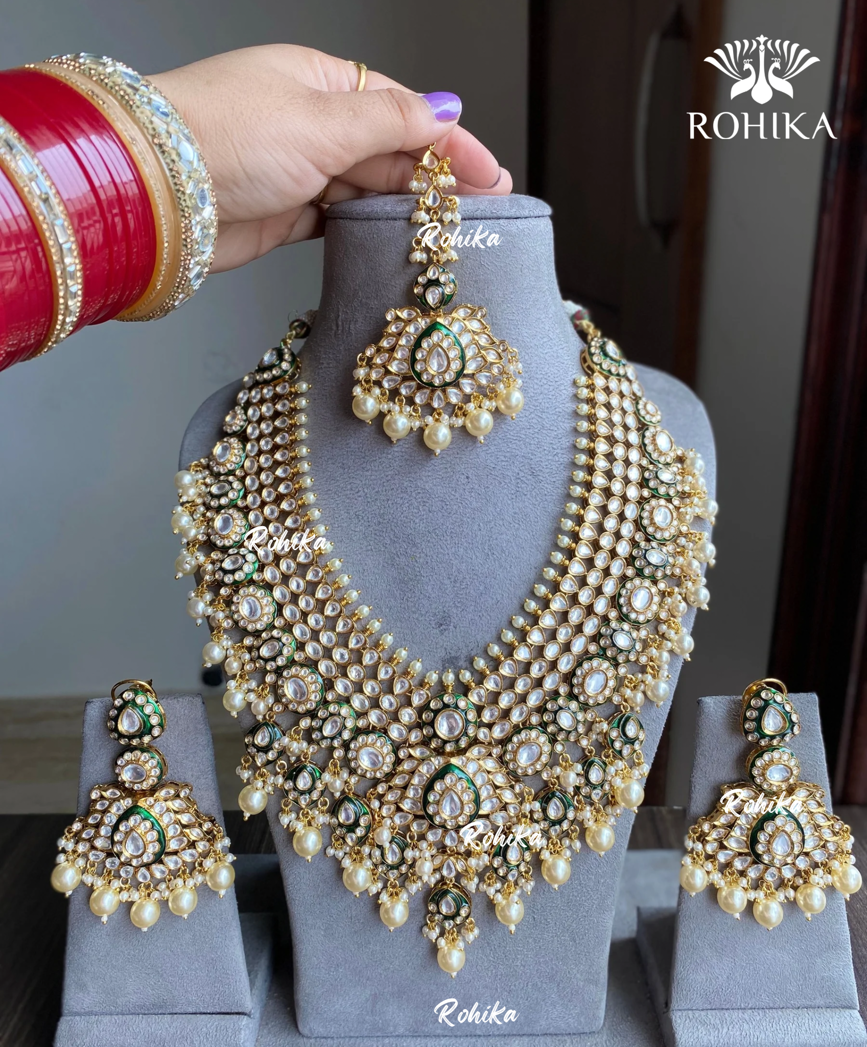 Aangan bikaneri polki kundan long necklace set - Dark Green