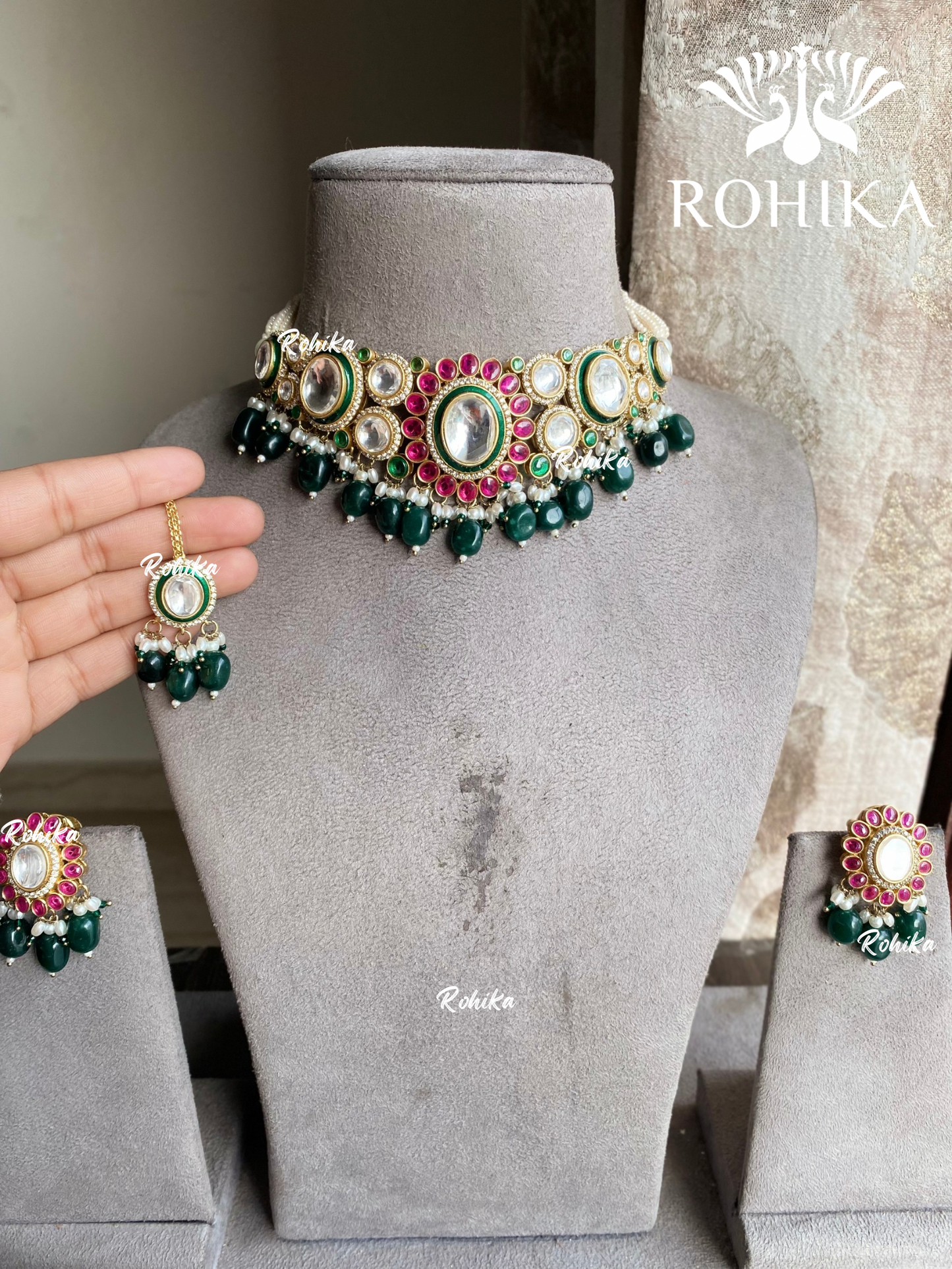 Pragya polki kundan choker set - Dark Green