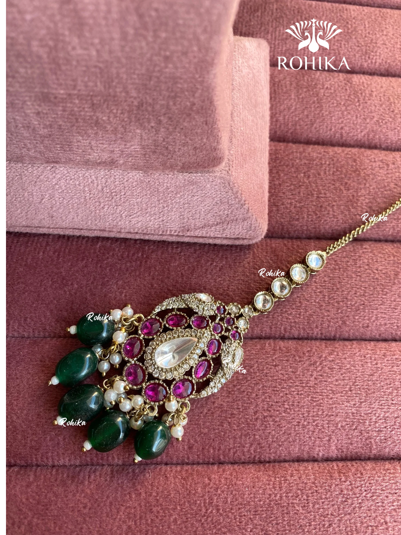 Polki kundan maangtikka (PLKM-052) - Dark green & pink