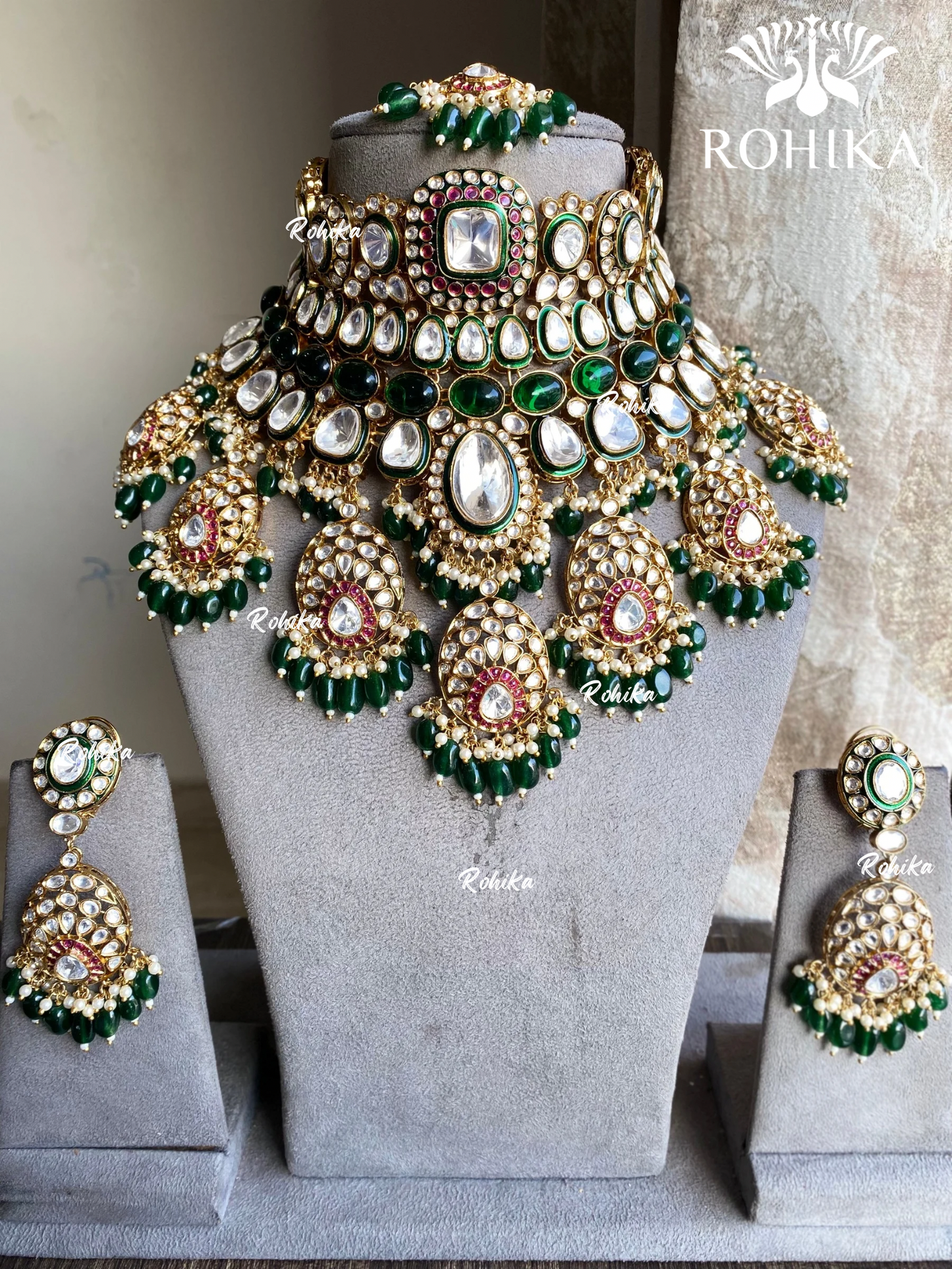 Paridhi bikaneri kundan bridal necklace set - Dark green