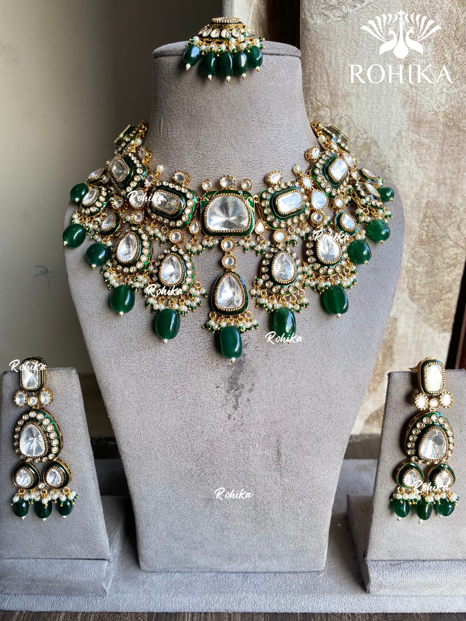 Surili bikaneri kundan necklace set - Dark green