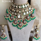 Netra bikaneri polki kundan bridal necklace set - Dark green & pink