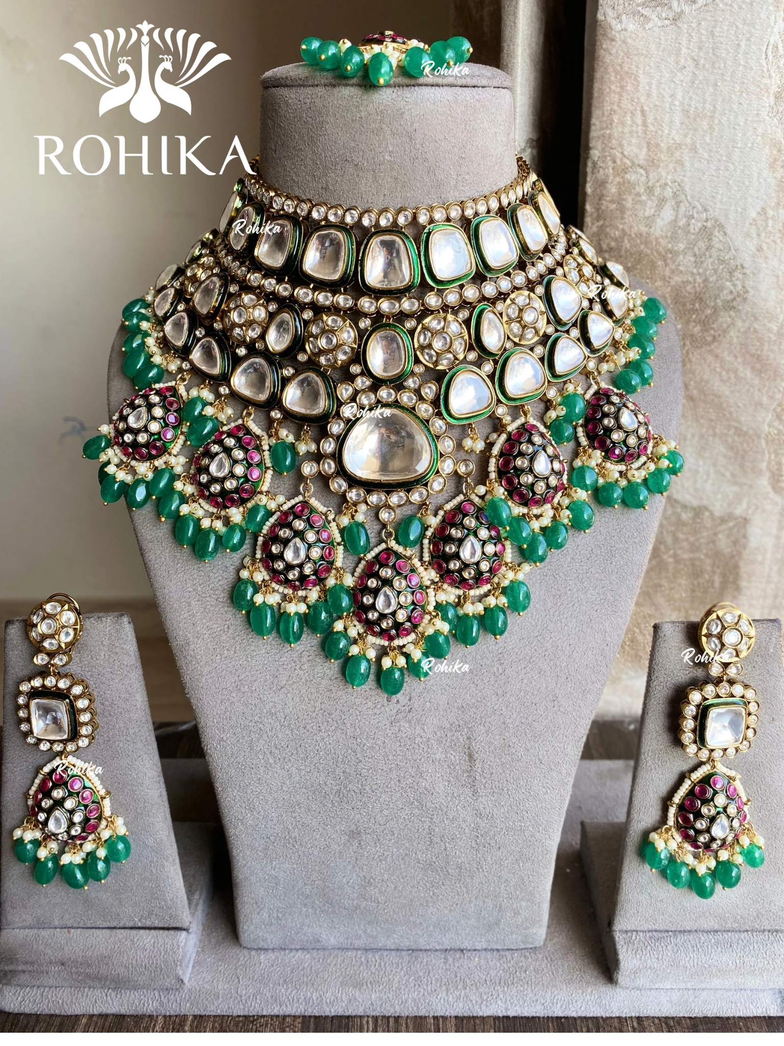 Netra bikaneri polki kundan bridal necklace set - Dark green & pink