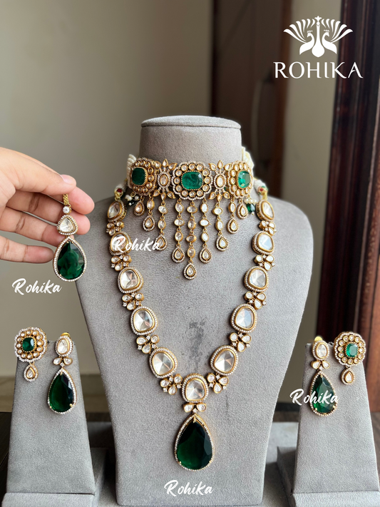 Alam doublet polki kundan combo set - Dark Green