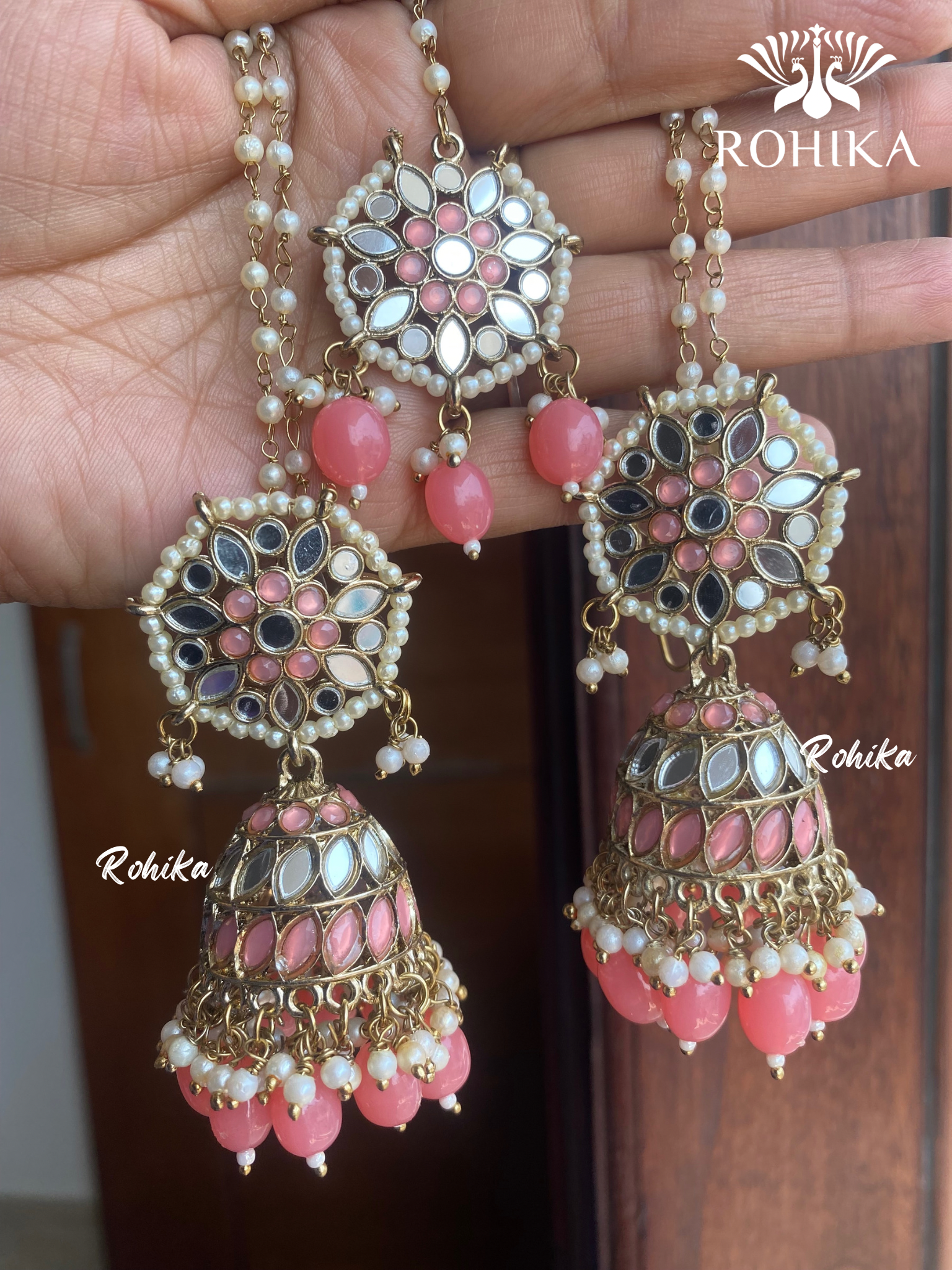 Chamki mirror earrings tikka combo - Pink