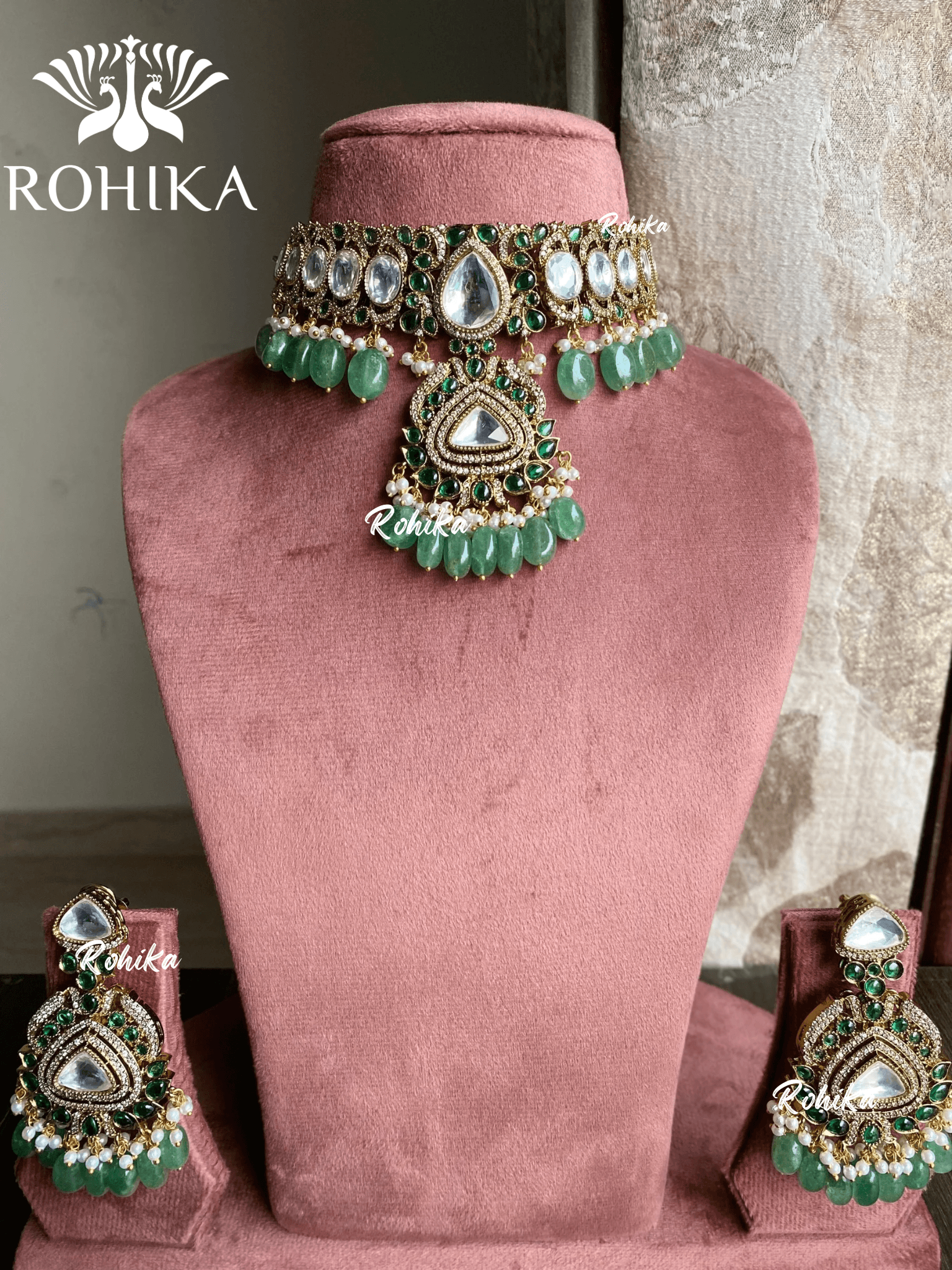 Khaas polki kundan choker set - Mint green - Rohika Store