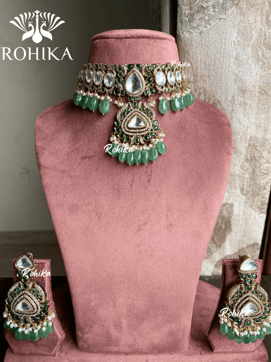 Khaas polki kundan choker set - Mint green - Rohika Store
