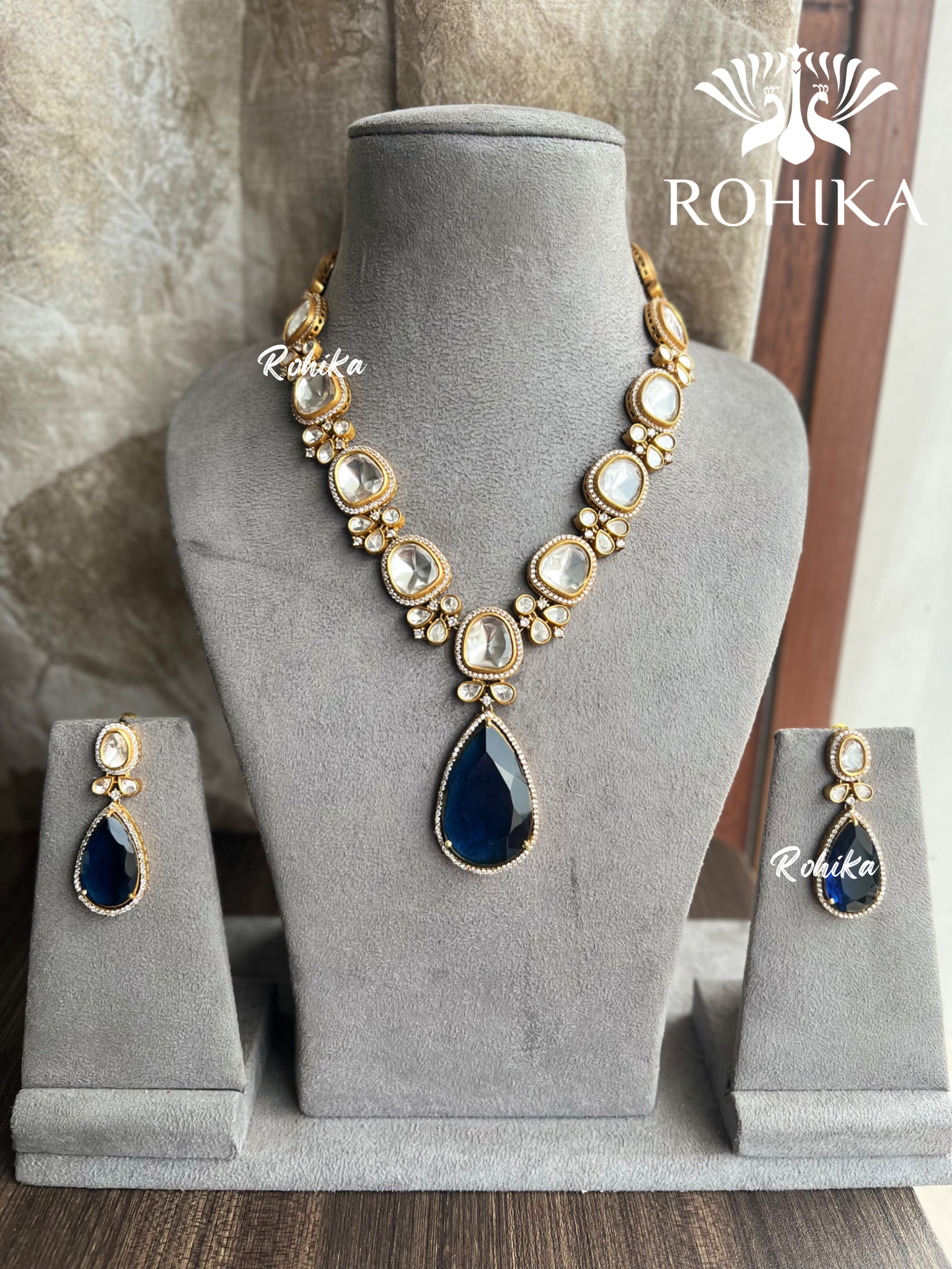 Raksha polki kundan necklace set - Navy Blue