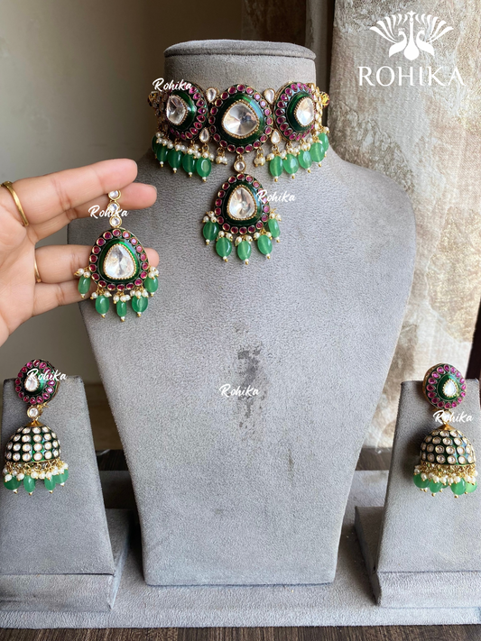 Kajal bikaneri kundan choker set - Green & pink