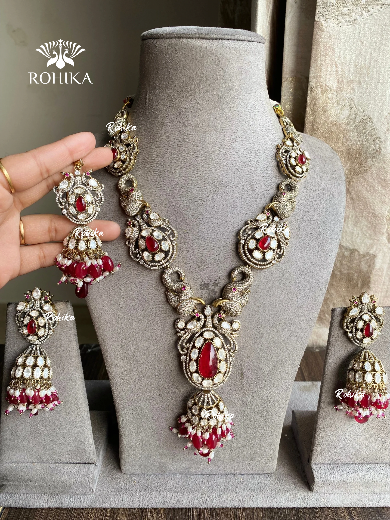 Maura moisanite long necklace set - Ruby red