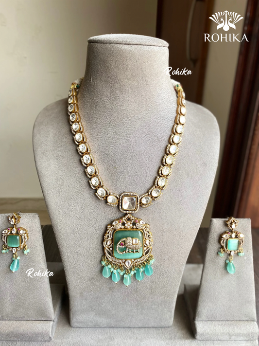 Misha polki kundan necklace set - Mint green