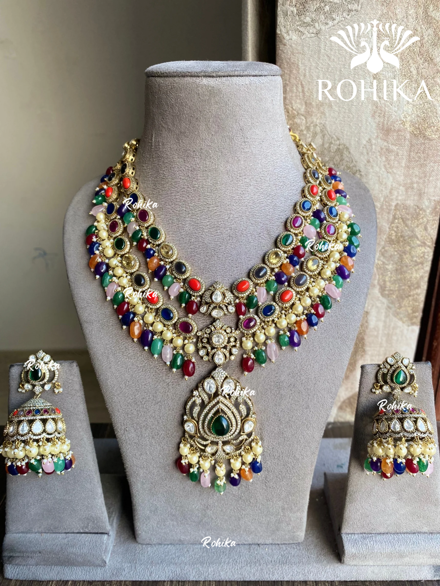 Mukhya doublet polki kunda necklace set - Navratan